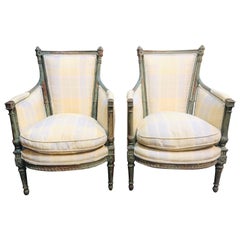 Antique Pair of 18th Century French Directoire’ Carved and Painted Bergeres