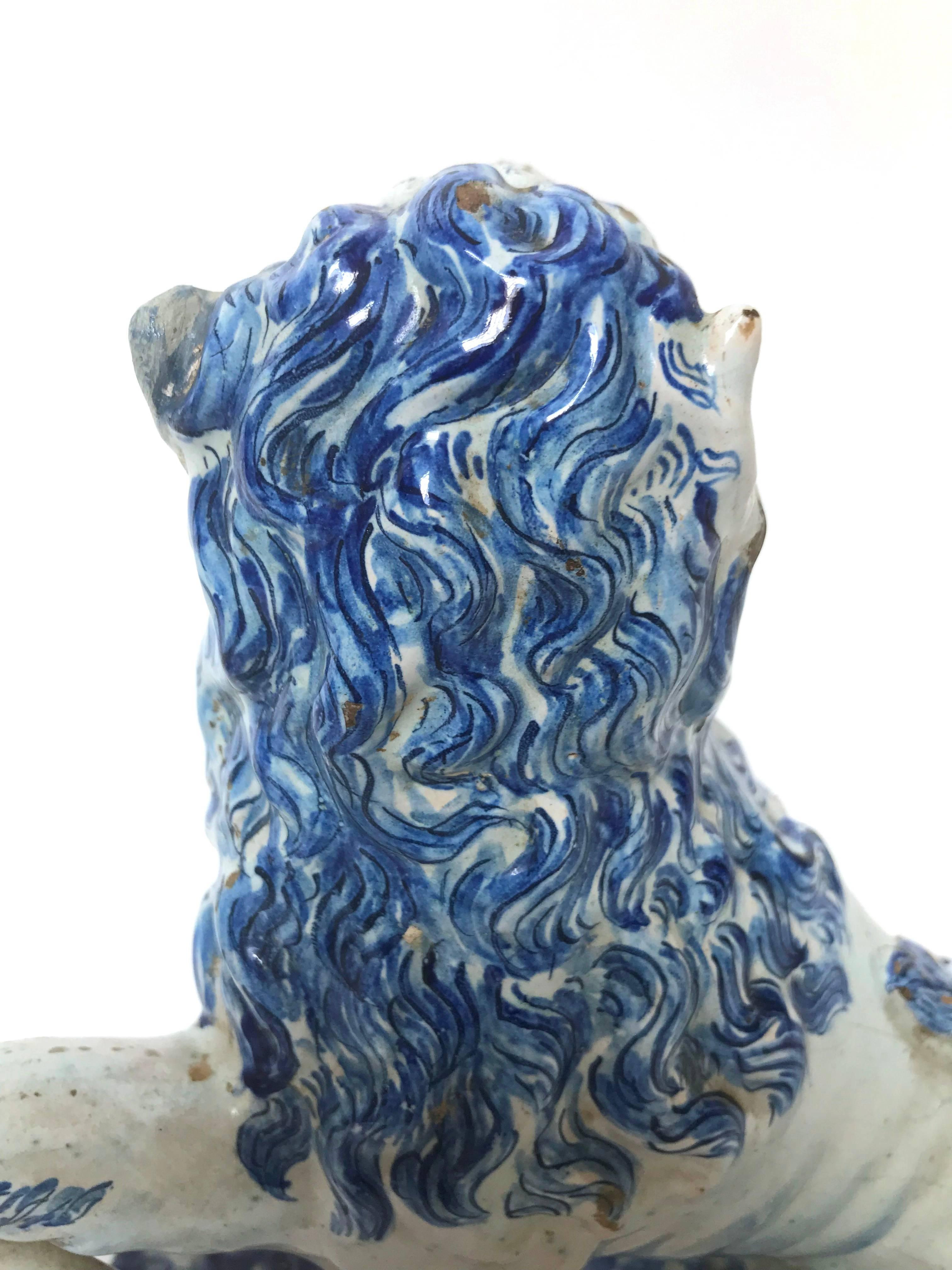 Pair of 18th Century French Faience Lions 1