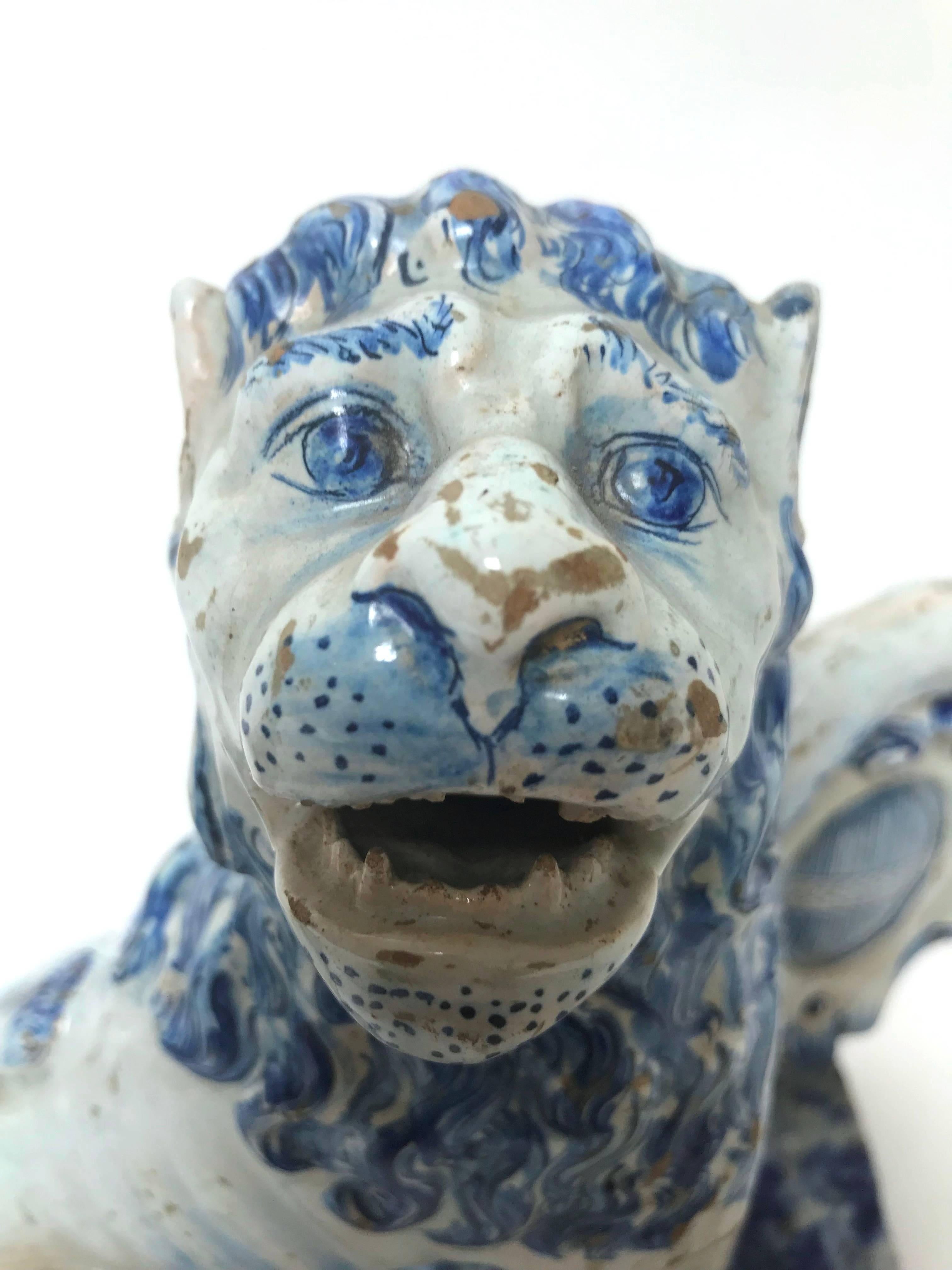 Pair of 18th Century French Faience Lions 4