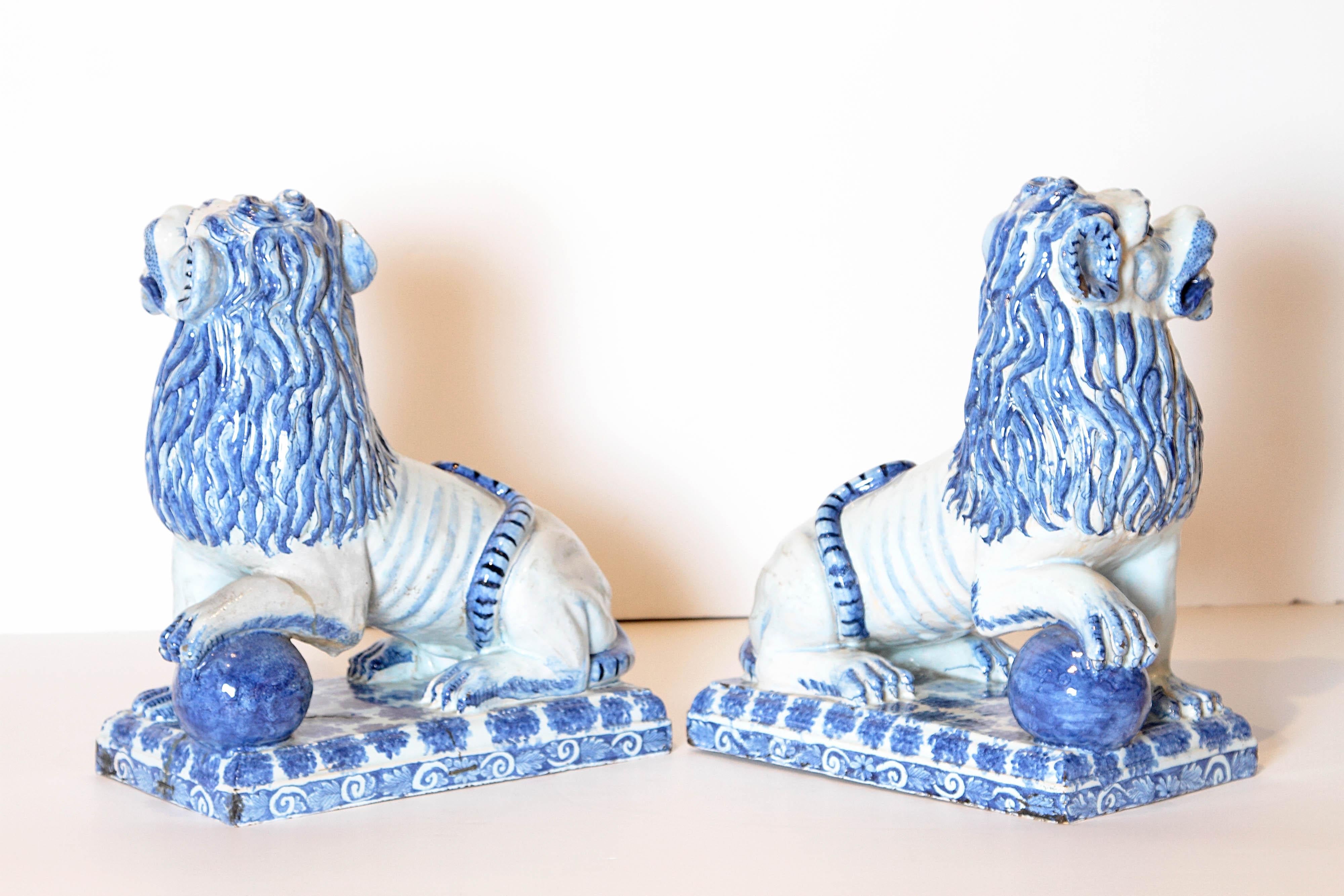 Pair of 18th Century French Faience Seated Lions 3