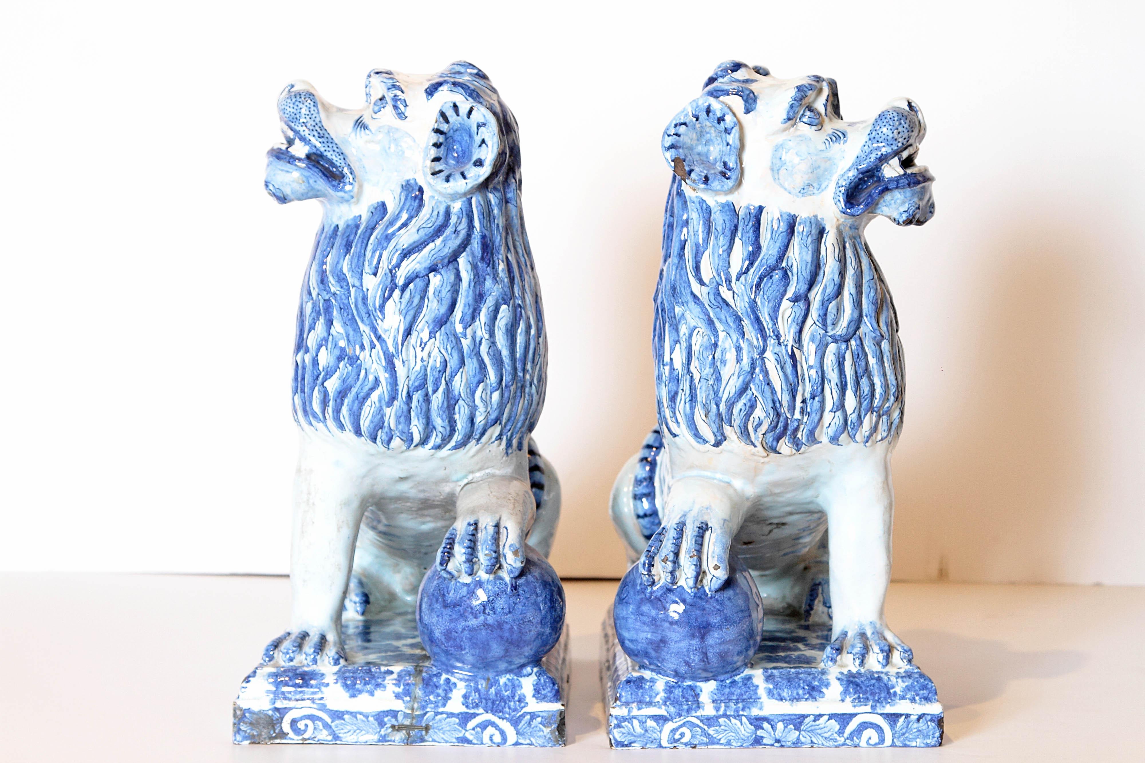 Pair of 18th Century French Faience Seated Lions 4