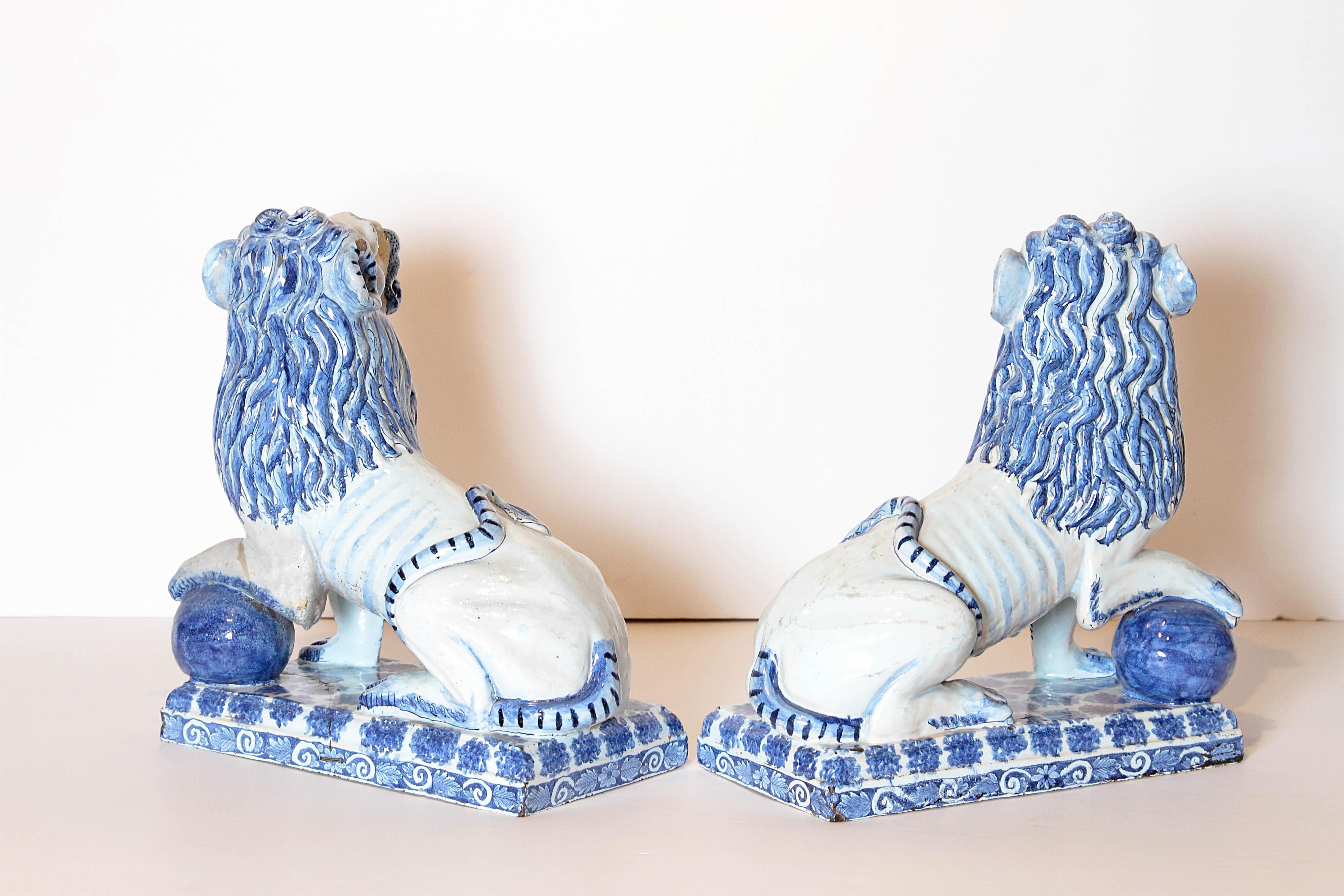 18th Century and Earlier Pair of 18th Century French Faience Seated Lions