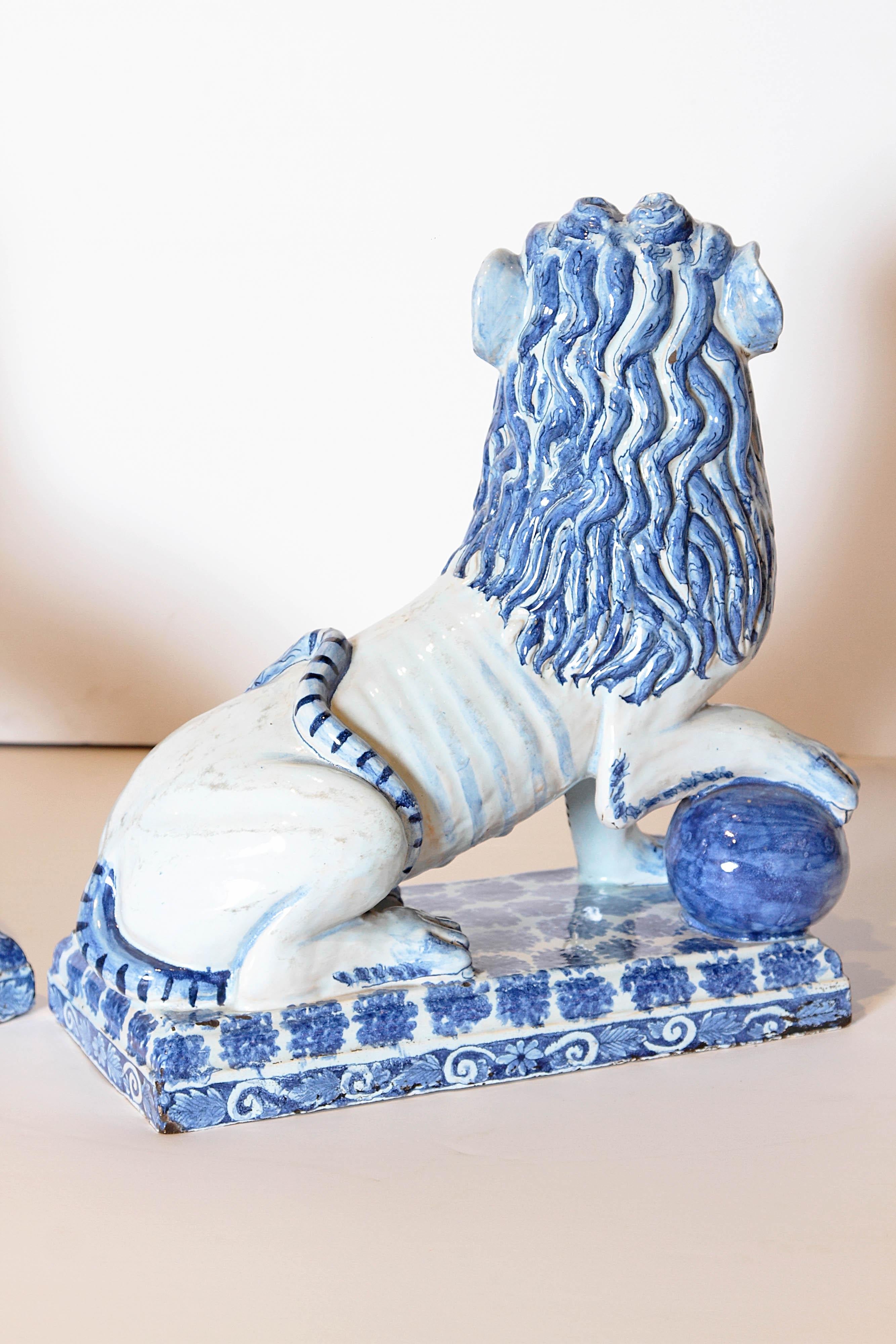 Pair of 18th Century French Faience Seated Lions 2
