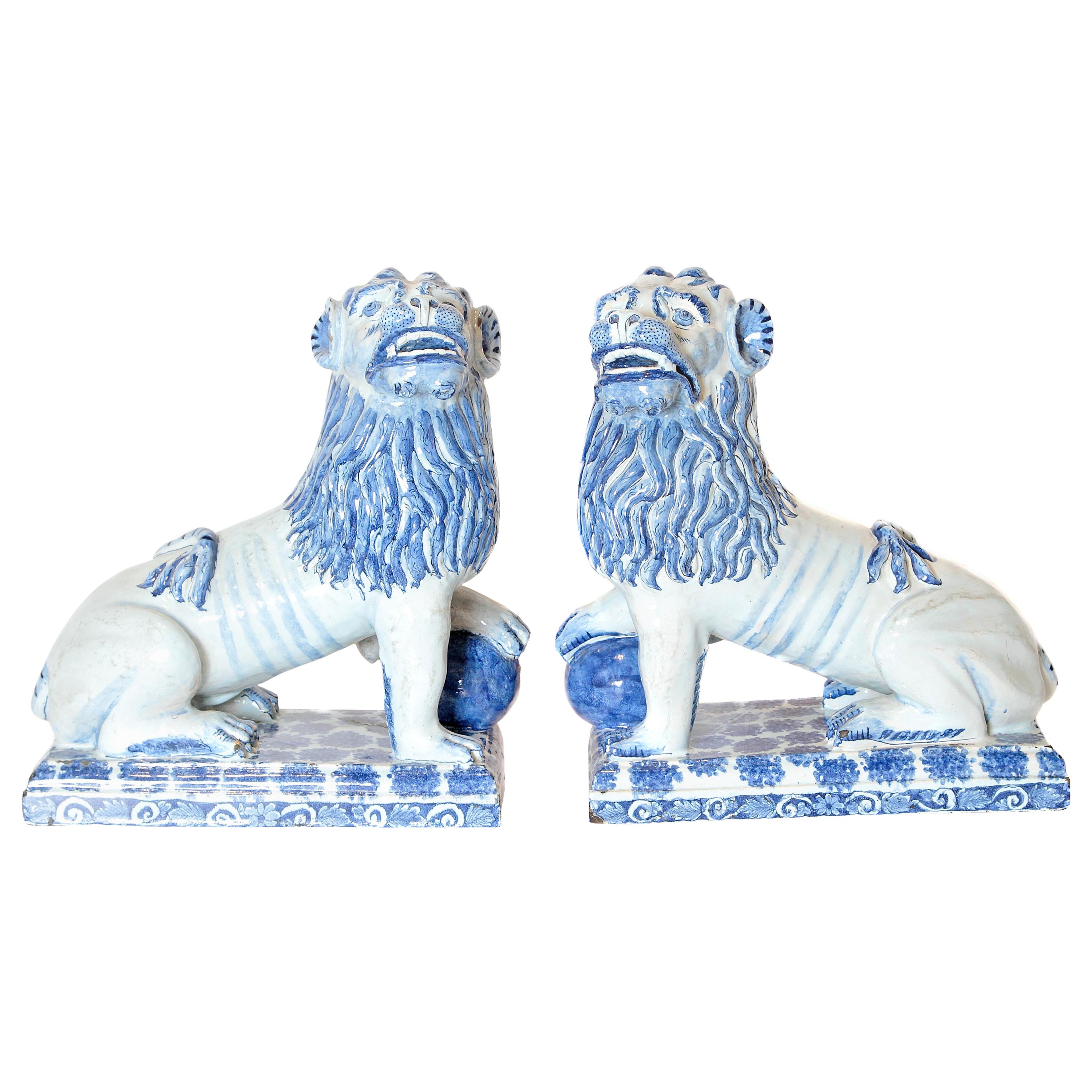Pair of 18th Century French Faience Seated Lions