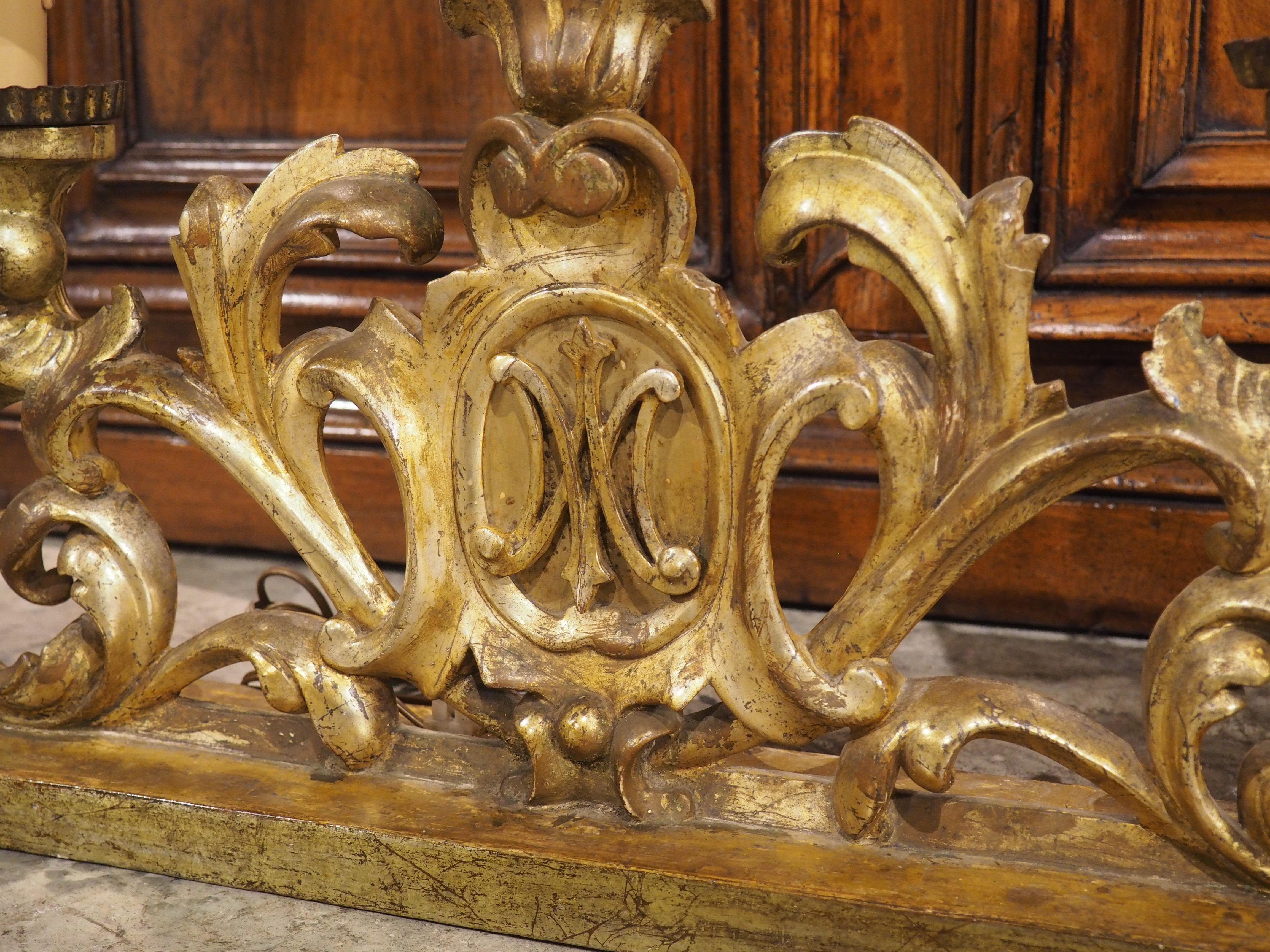 Pair of 18th Century French Gold Leaf 3-Light Candelabra Lamps with Monogram For Sale 4