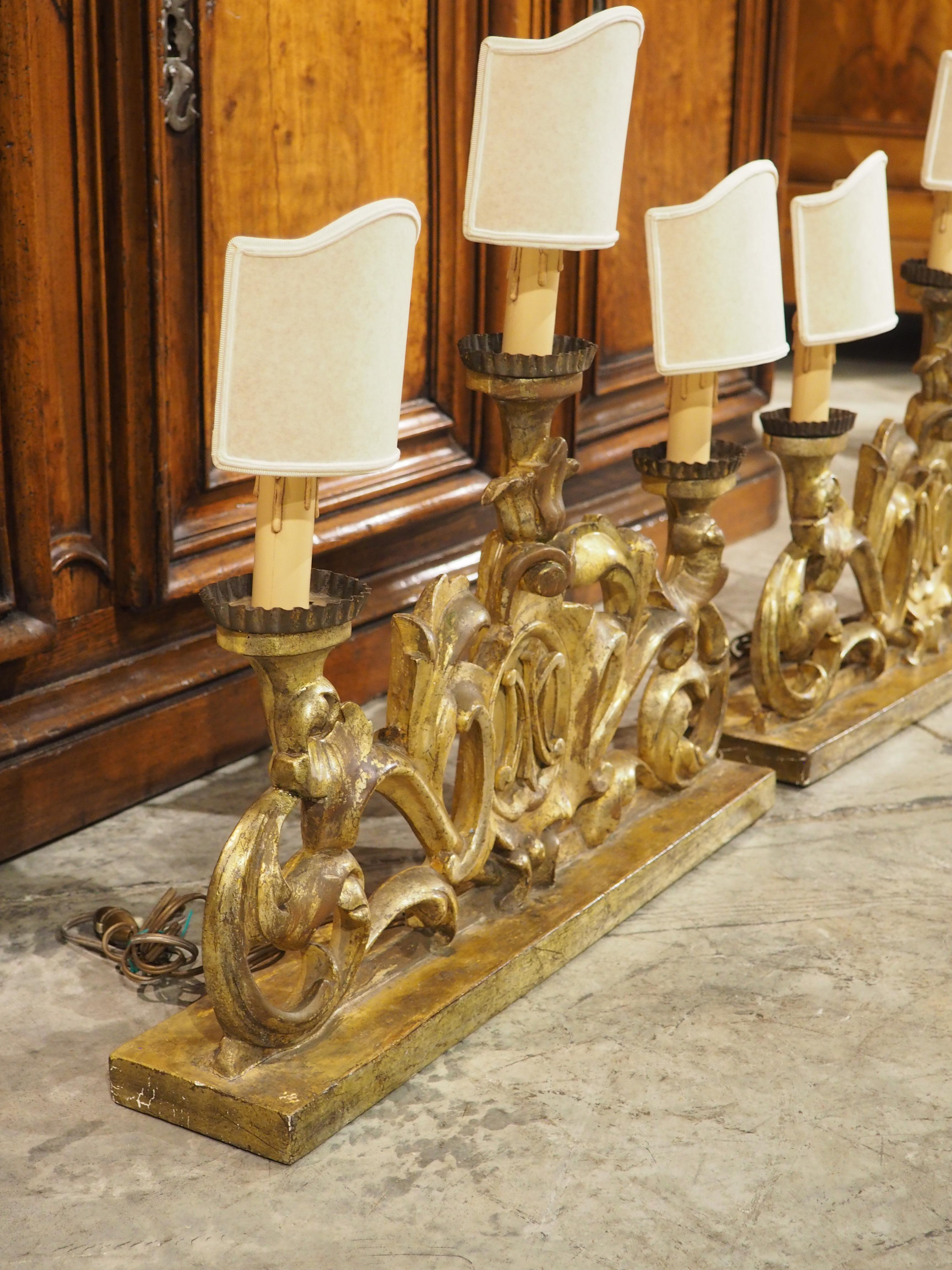 Pair of 18th Century French Gold Leaf 3-Light Candelabra Lamps with Monogram For Sale 5