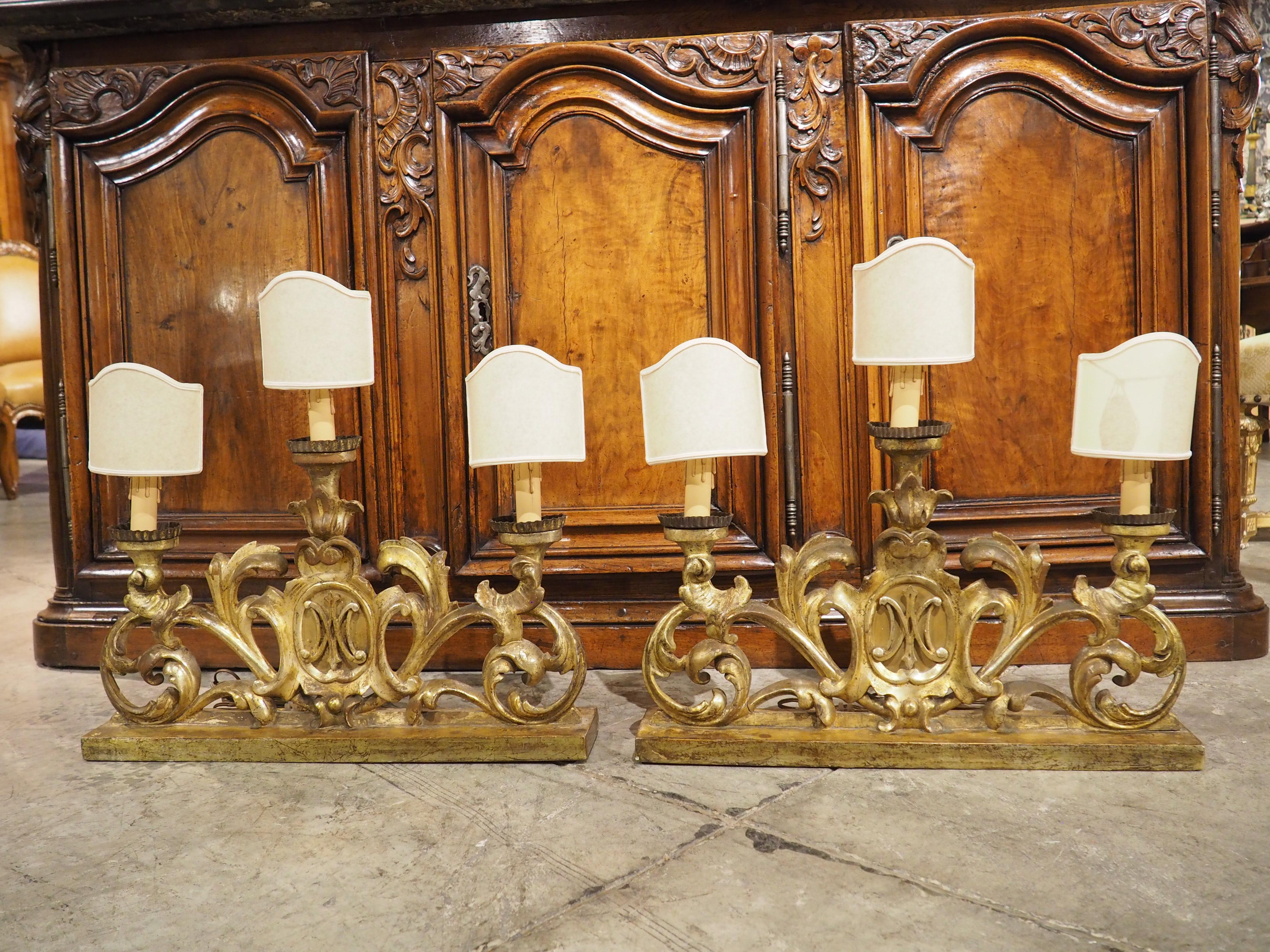 Pair of 18th Century French Gold Leaf 3-Light Candelabra Lamps with Monogram For Sale 8