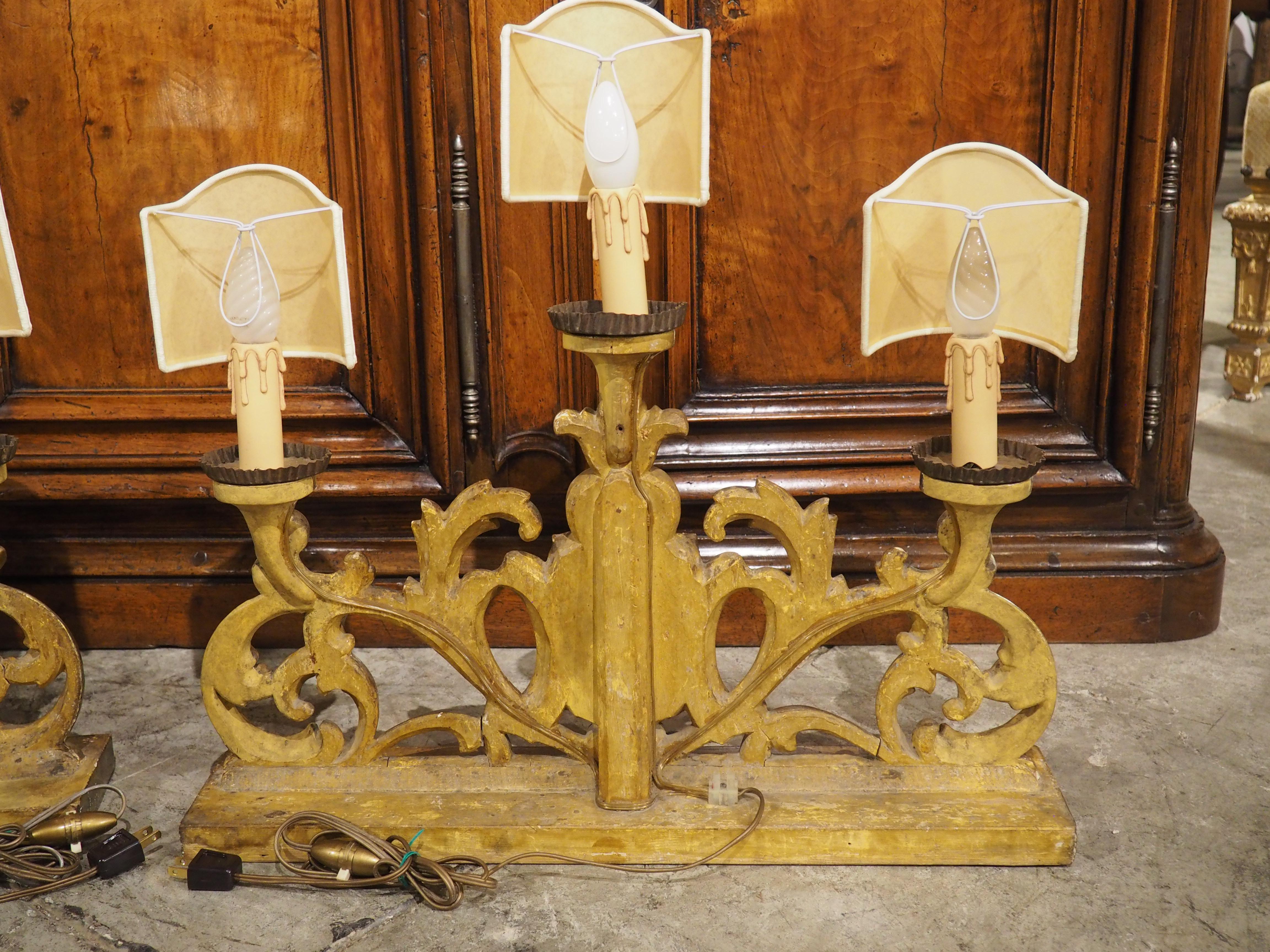 Pair of 18th Century French Gold Leaf 3-Light Candelabra Lamps with Monogram For Sale 9