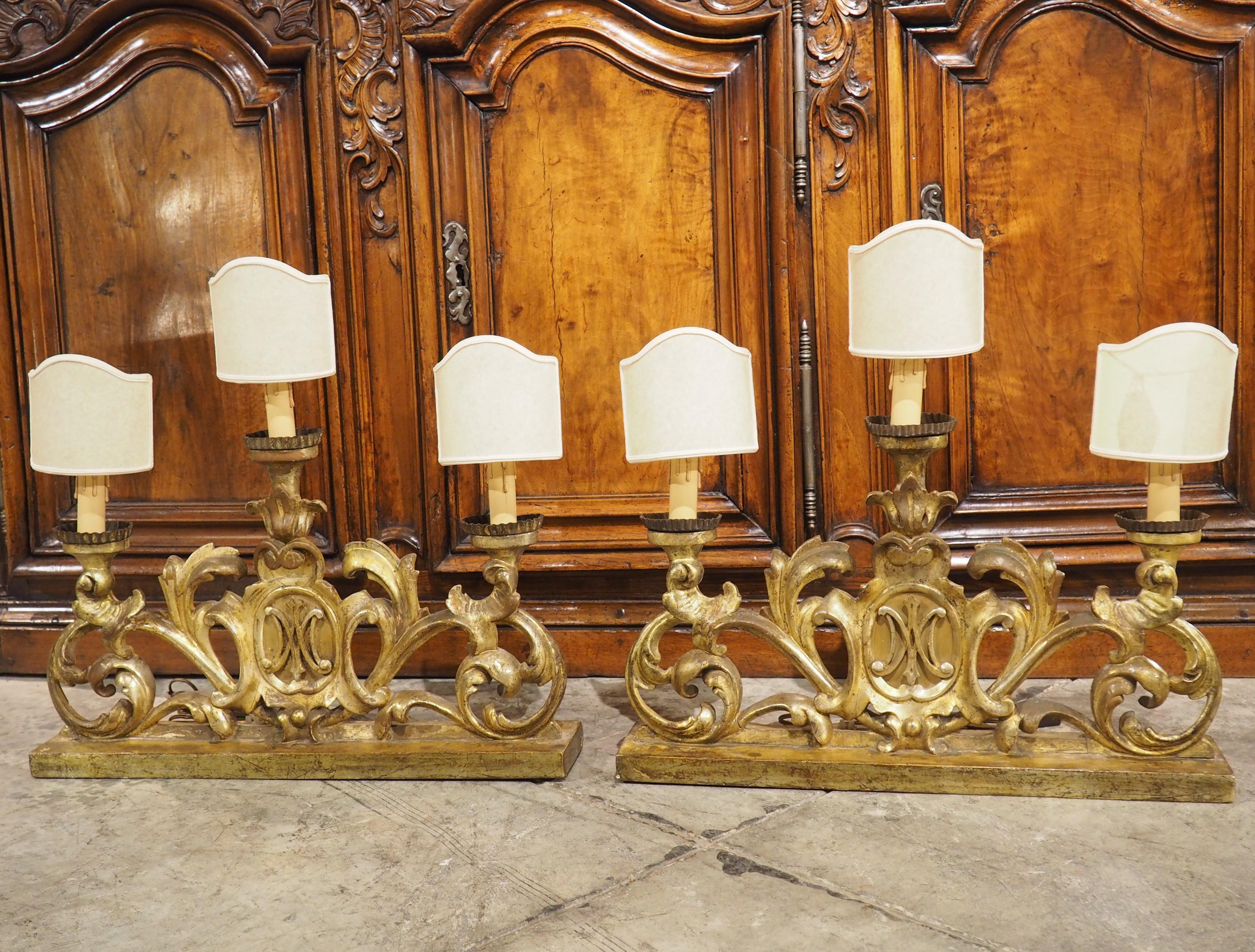 Pair of 18th Century French Gold Leaf 3-Light Candelabra Lamps with Monogram For Sale 11