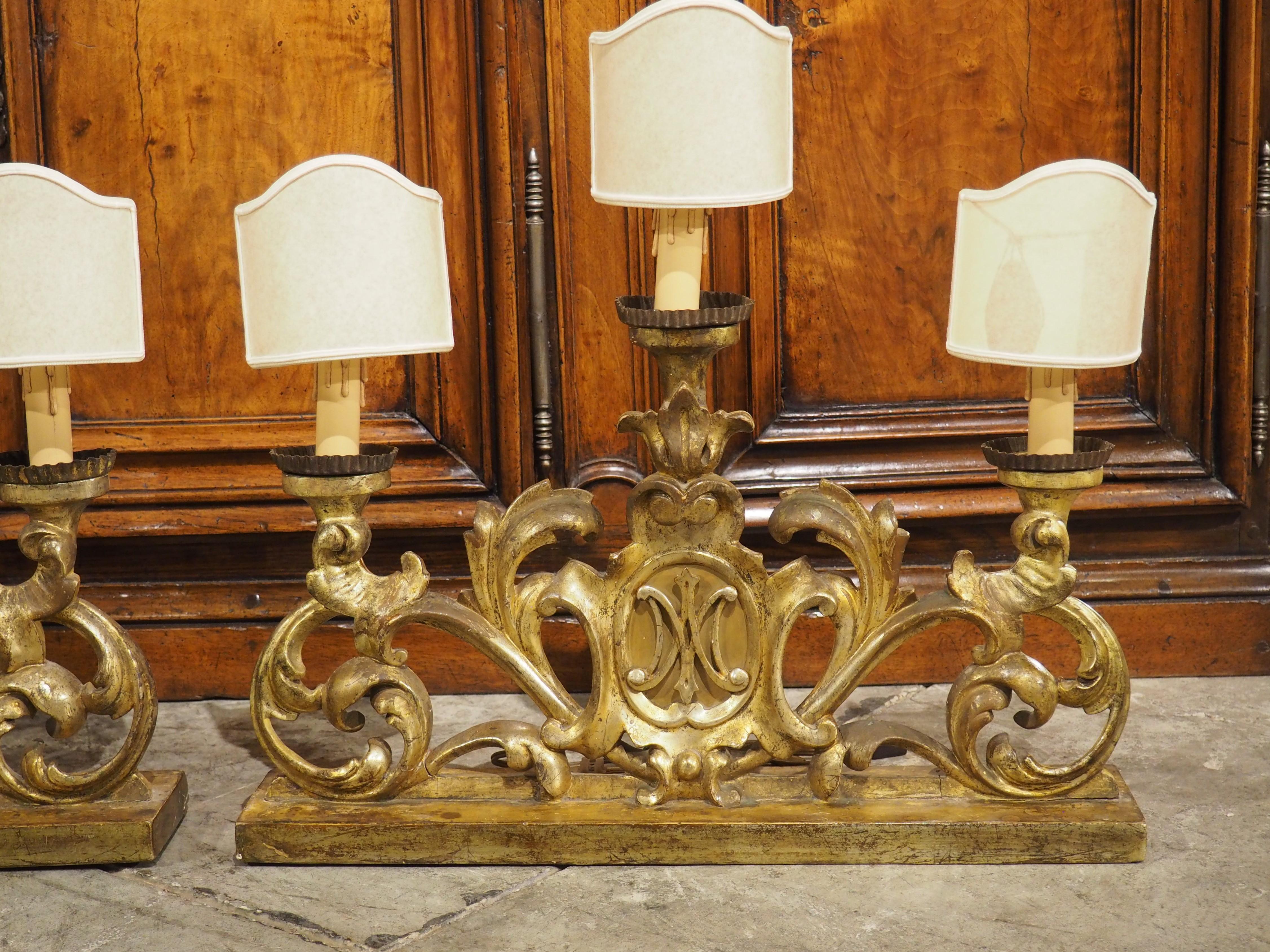 Pair of 18th Century French Gold Leaf 3-Light Candelabra Lamps with Monogram In Good Condition For Sale In Dallas, TX
