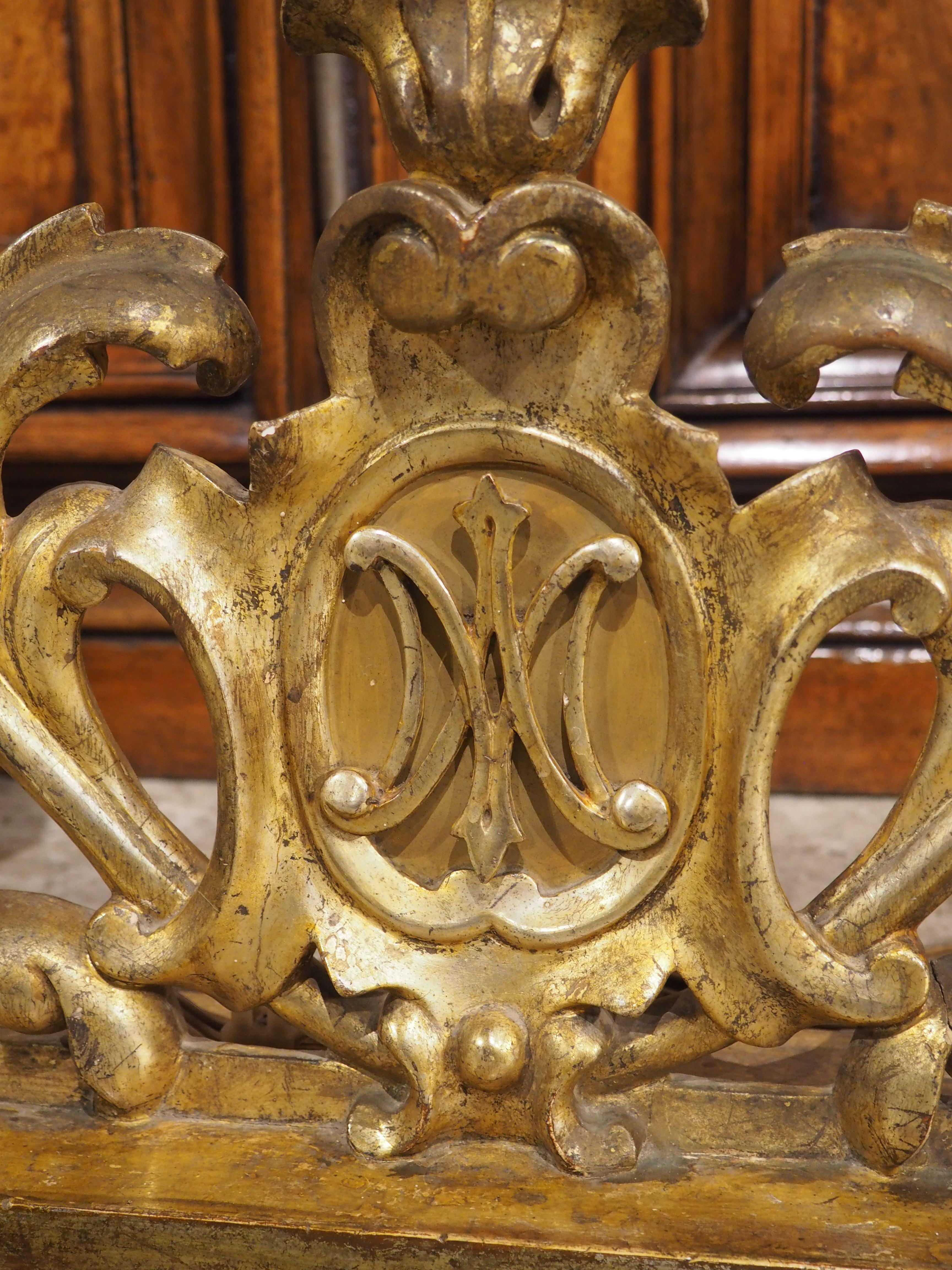 Metal Pair of 18th Century French Gold Leaf 3-Light Candelabra Lamps with Monogram For Sale