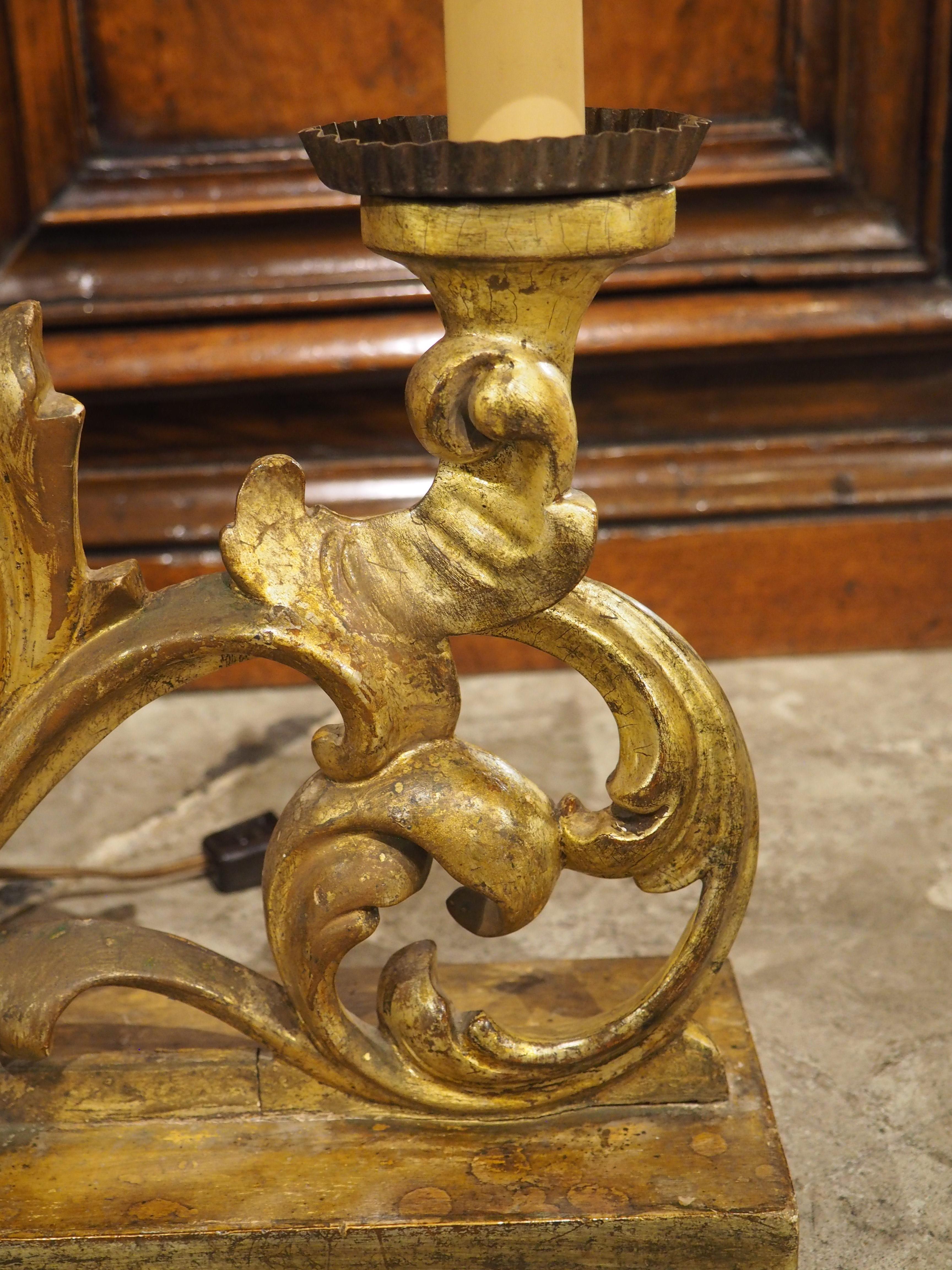 Pair of 18th Century French Gold Leaf 3-Light Candelabra Lamps with Monogram For Sale 2