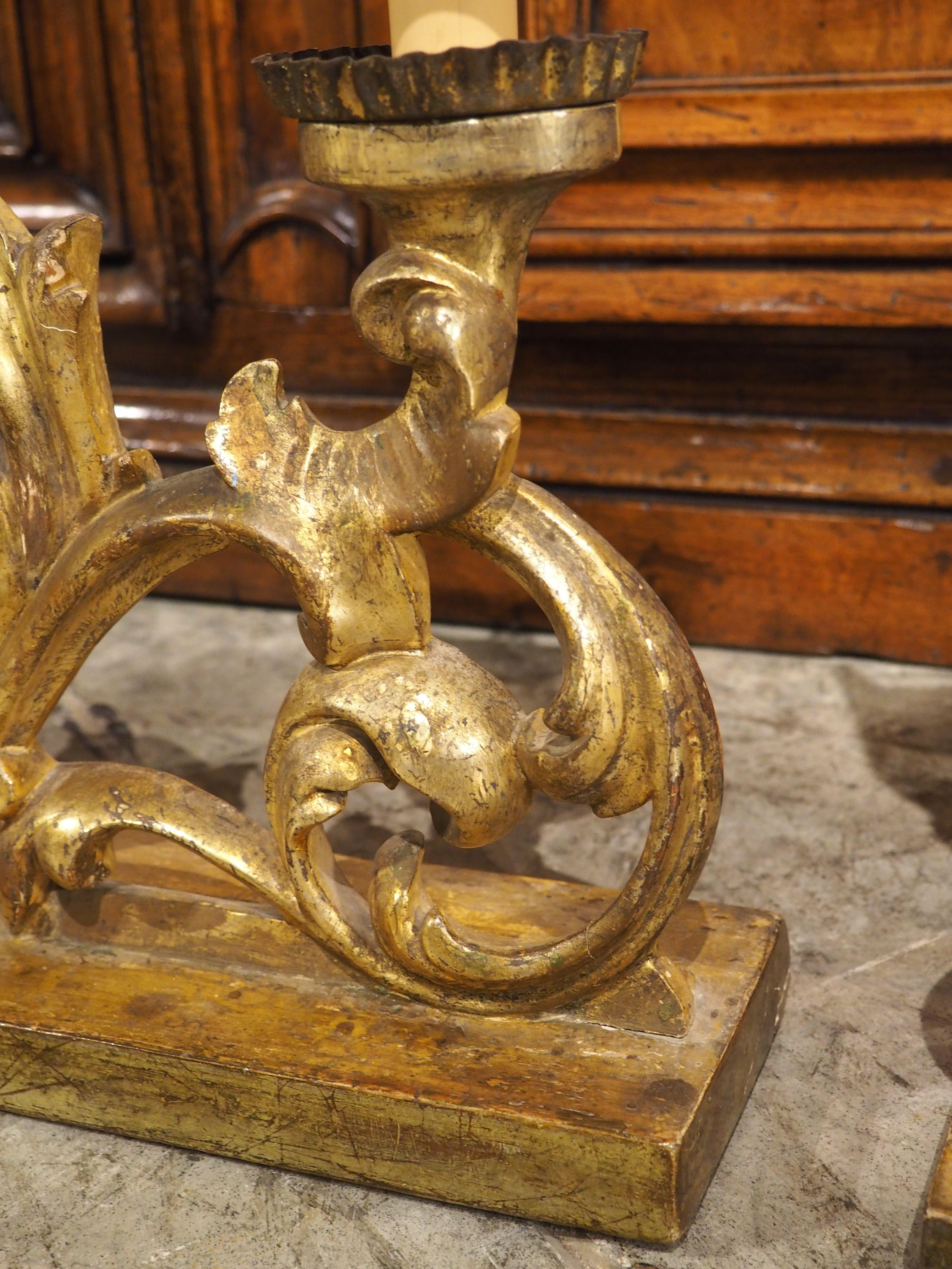 Pair of 18th Century French Gold Leaf 3-Light Candelabra Lamps with Monogram For Sale 3