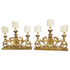 Antique Pair of 18th Century French Gold Leaf 3-Light Candelabra Lamps with Monogram