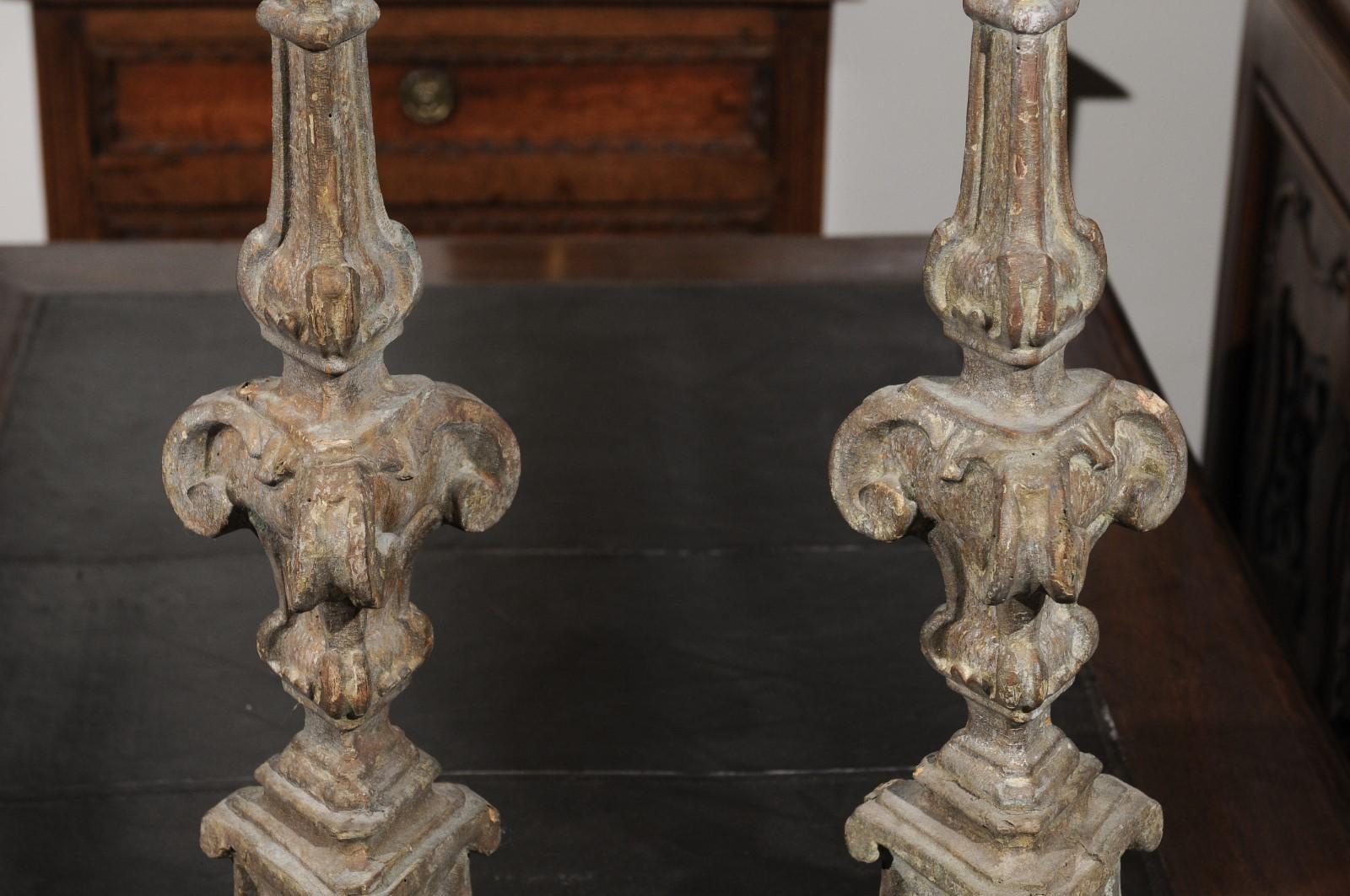 Pair of 18th Century French Hand-Carved and Painted Altar Sticks with Volutes 5