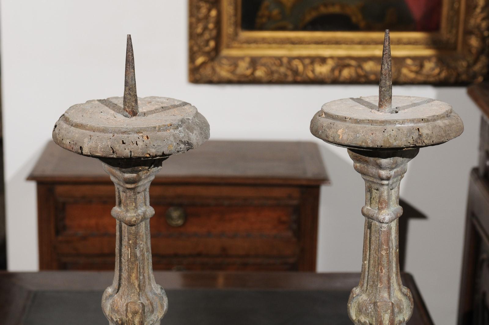 Pair of 18th Century French Hand-Carved and Painted Altar Sticks with Volutes 6