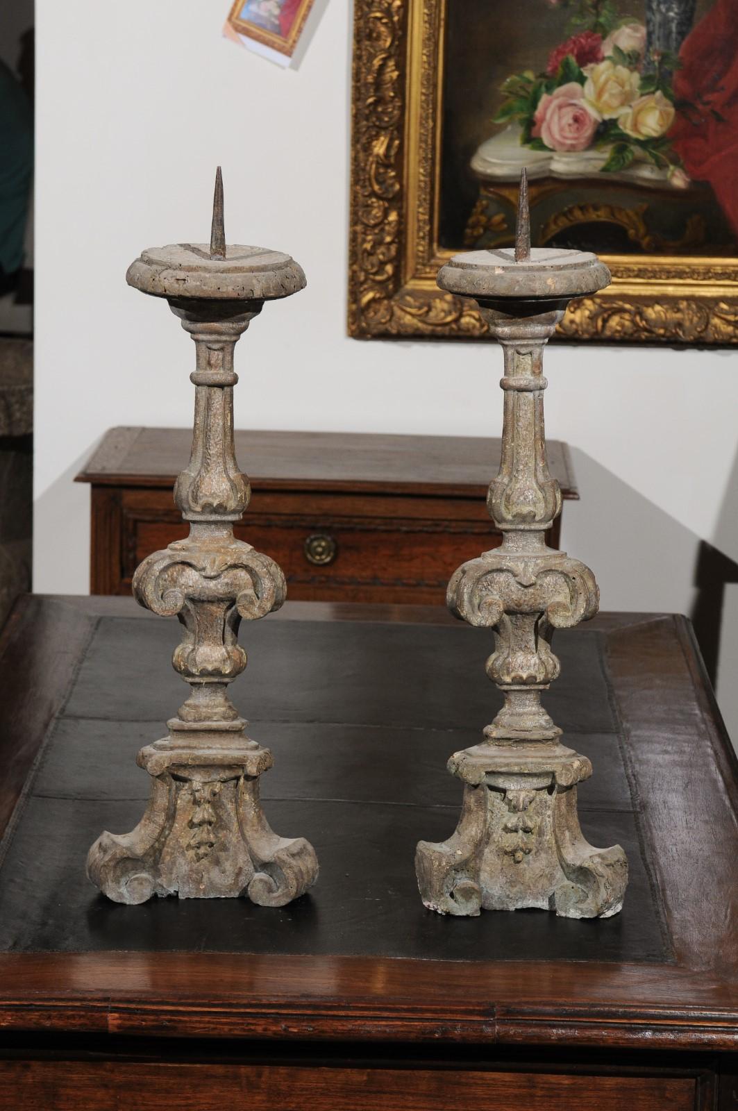 Pair of 18th Century French Hand-Carved and Painted Altar Sticks with Volutes In Good Condition In Atlanta, GA
