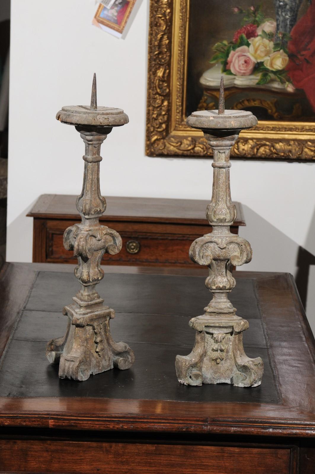 Wood Pair of 18th Century French Hand-Carved and Painted Altar Sticks with Volutes