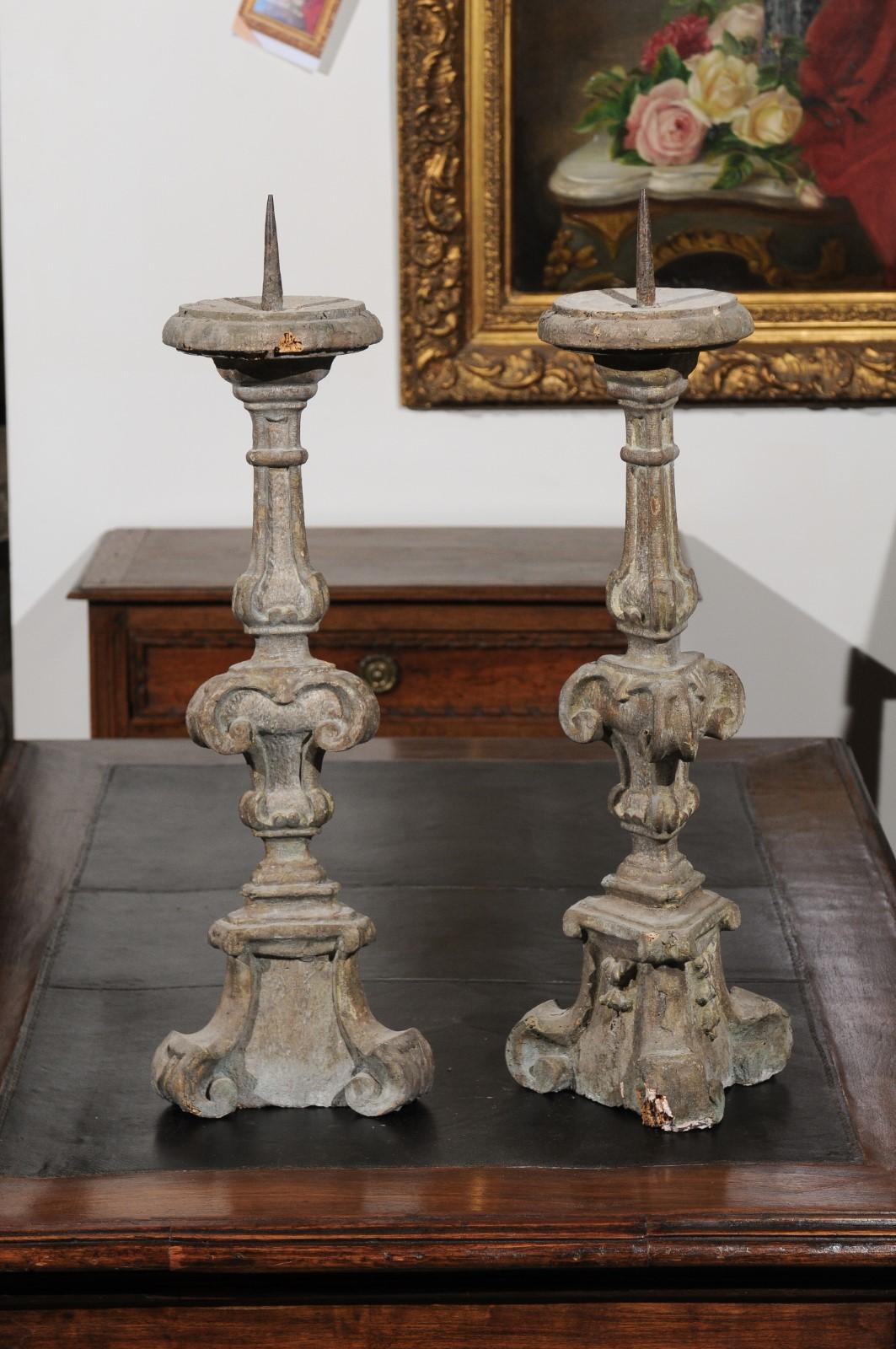 Pair of 18th Century French Hand-Carved and Painted Altar Sticks with Volutes 1