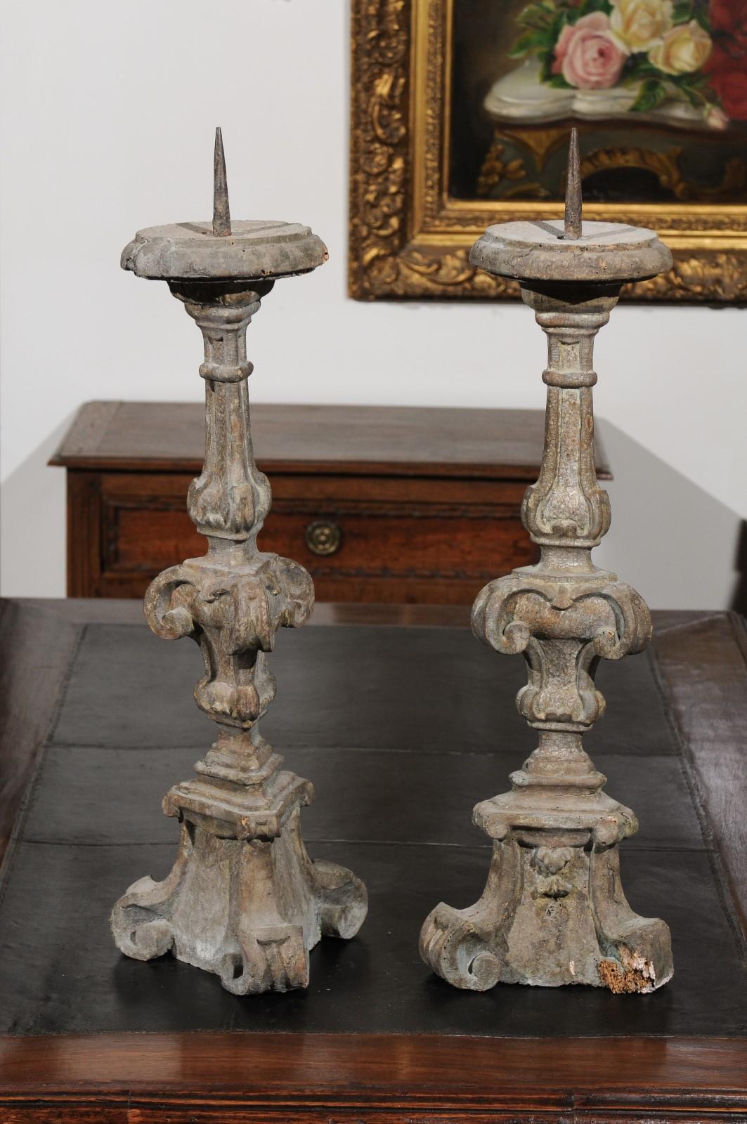 Pair of 18th Century French Hand-Carved and Painted Altar Sticks with Volutes 2