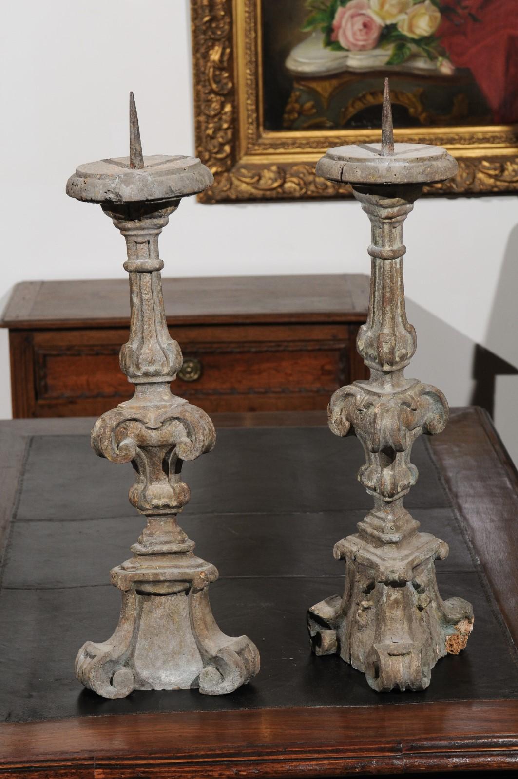 Pair of 18th Century French Hand-Carved and Painted Altar Sticks with Volutes 3