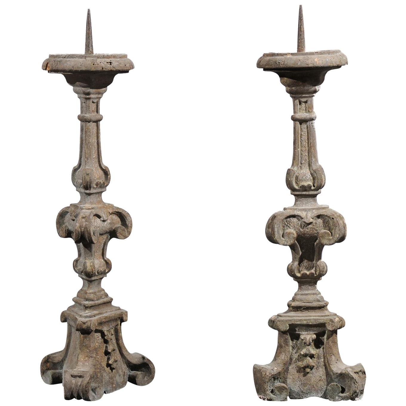 Pair of 18th Century French Hand-Carved and Painted Altar Sticks with Volutes