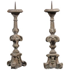 Pair of 18th Century French Hand-Carved and Painted Altar Sticks with Volutes