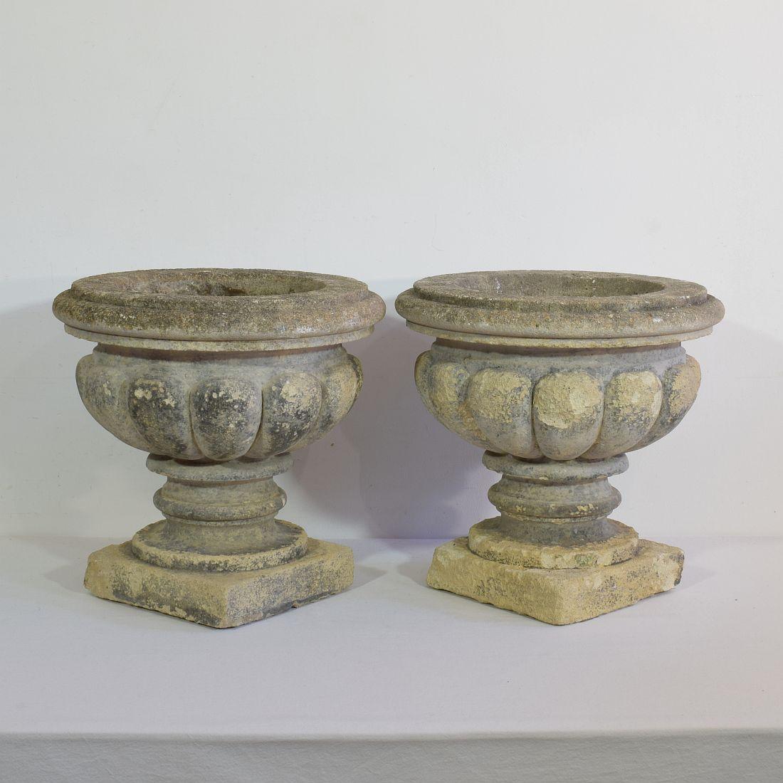European Pair of 18th Century French Hand Carved Stone Vases/ Planters