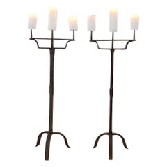 Antique Pair of 18th Century French Hand Forged Iron Candleholders