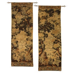 Pair of 18th Century French Handwoven Verdure Tapestries with Hanging Rods