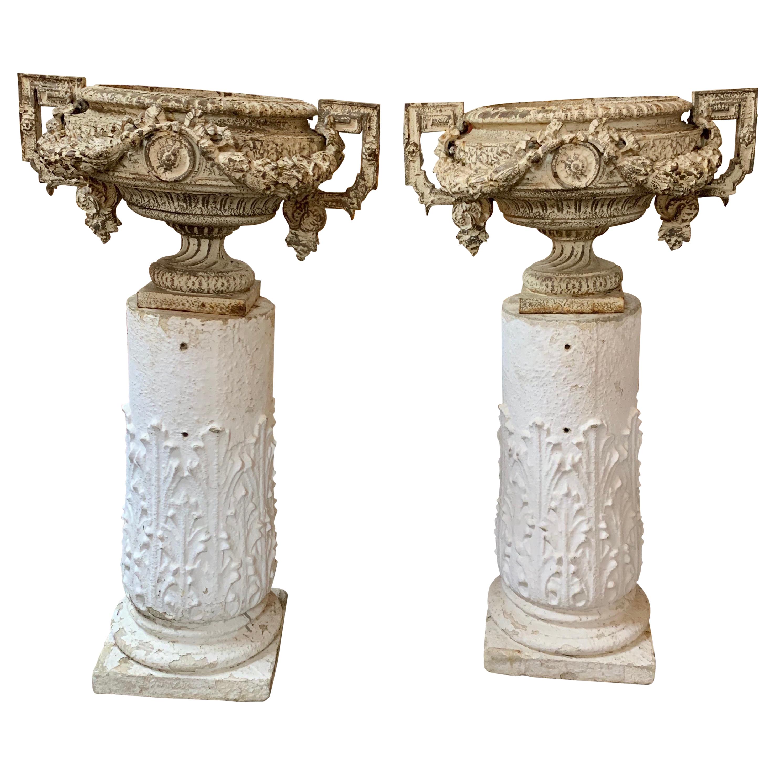 Pair of 18th Century French Iron Garden Urns on Gesso Pedestal Bases