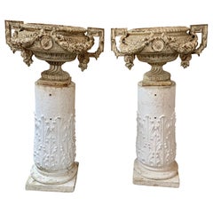 Pair of 18th Century French Iron Garden Urns on Gesso Pedestal Bases