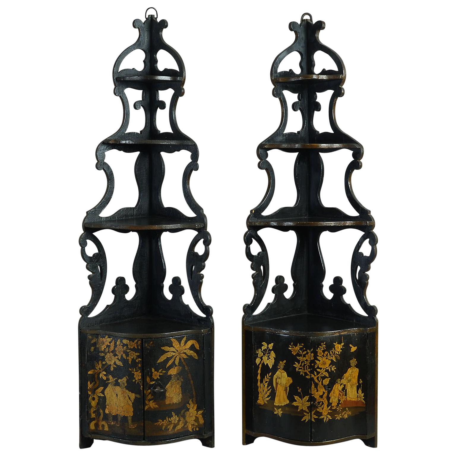 Pair of 18th Century French Japanned Hanging Corner Cupboards