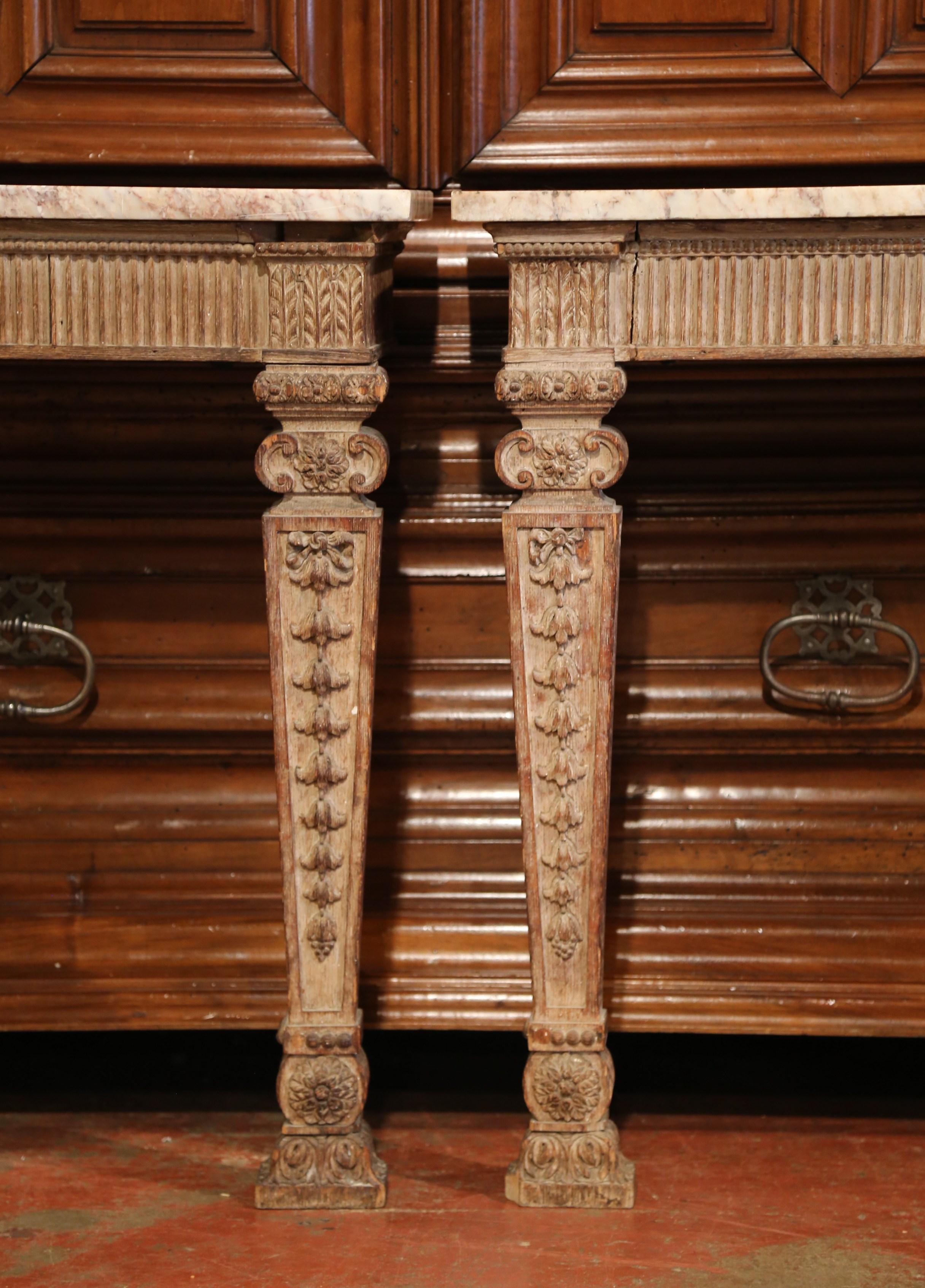 Pair of 18th Century French Louis XIV Carved Oak Wall Consoles with Marble Top In Excellent Condition In Dallas, TX