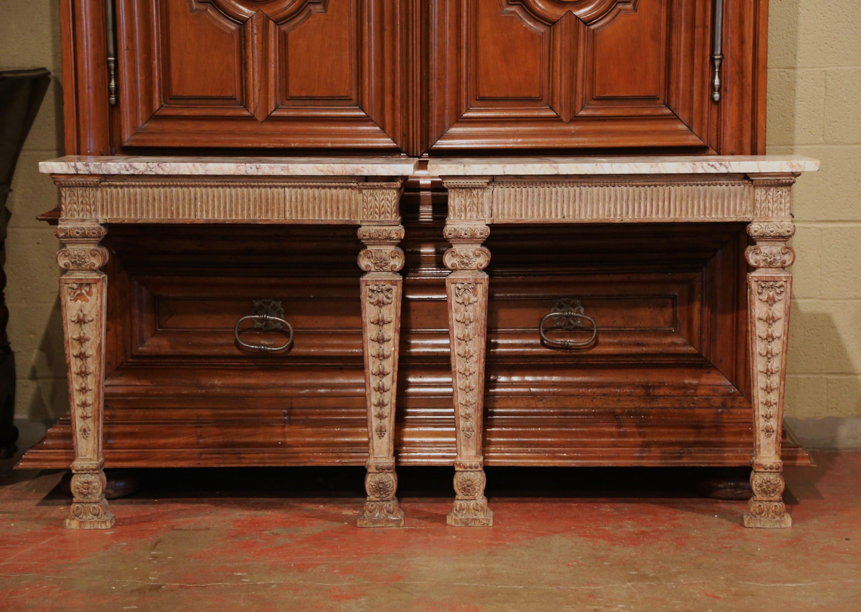 Pair of 18th Century French Louis XIV Carved Oak Wall Consoles with Marble Top 1
