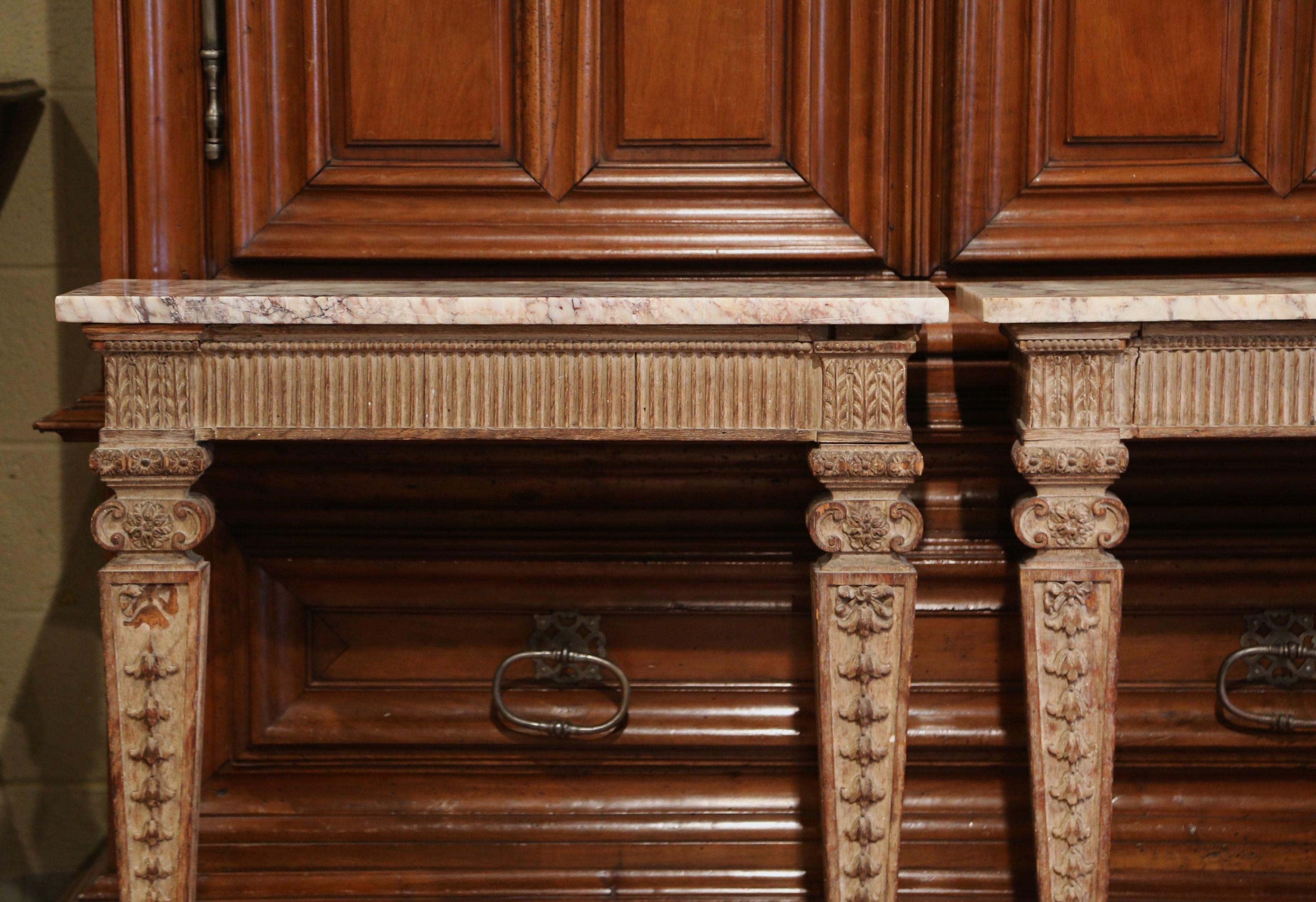 Pair of 18th Century French Louis XIV Carved Oak Wall Consoles with Marble Top 2