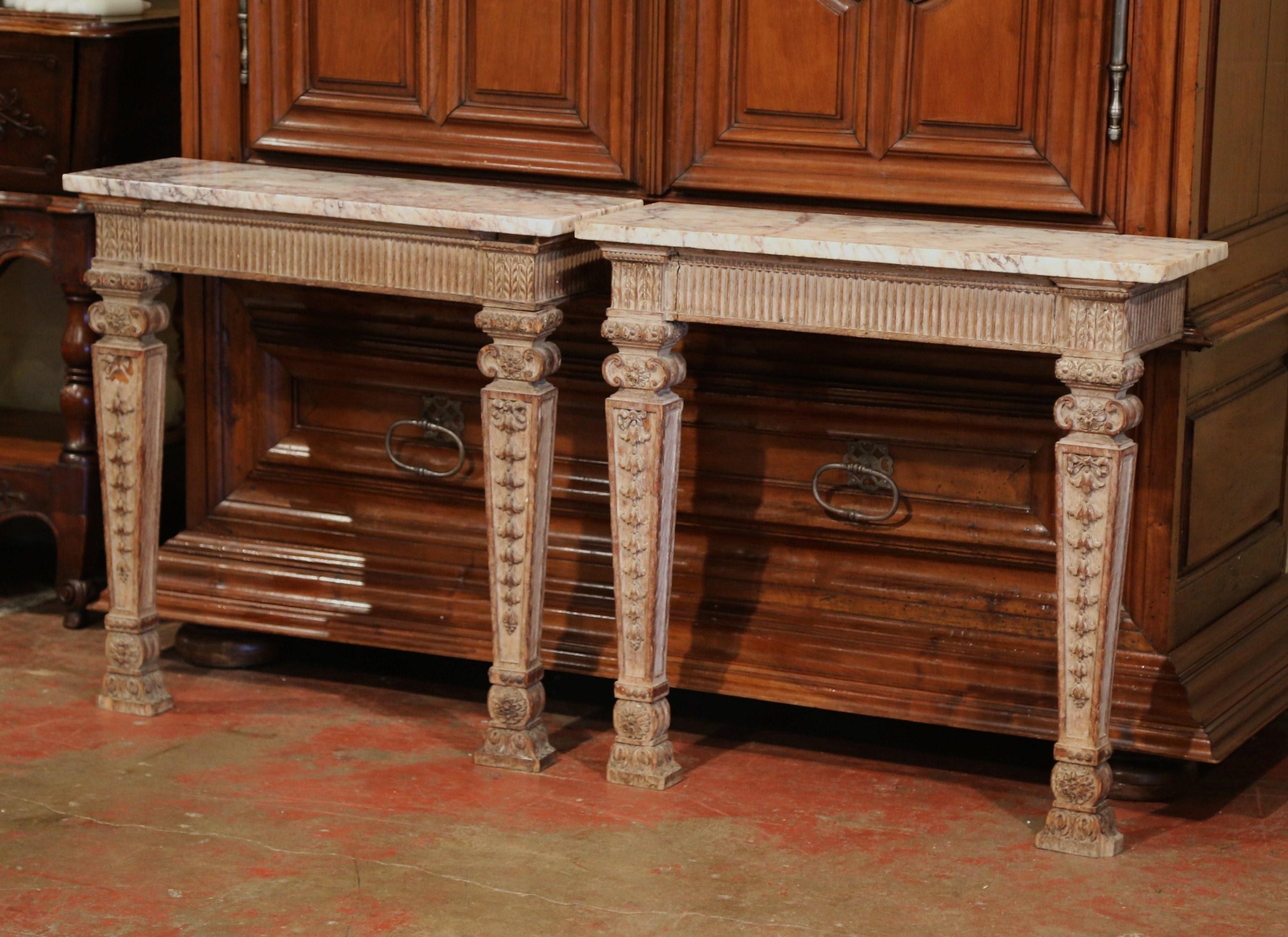 Pair of 18th Century French Louis XIV Carved Oak Wall Consoles with Marble Top 4