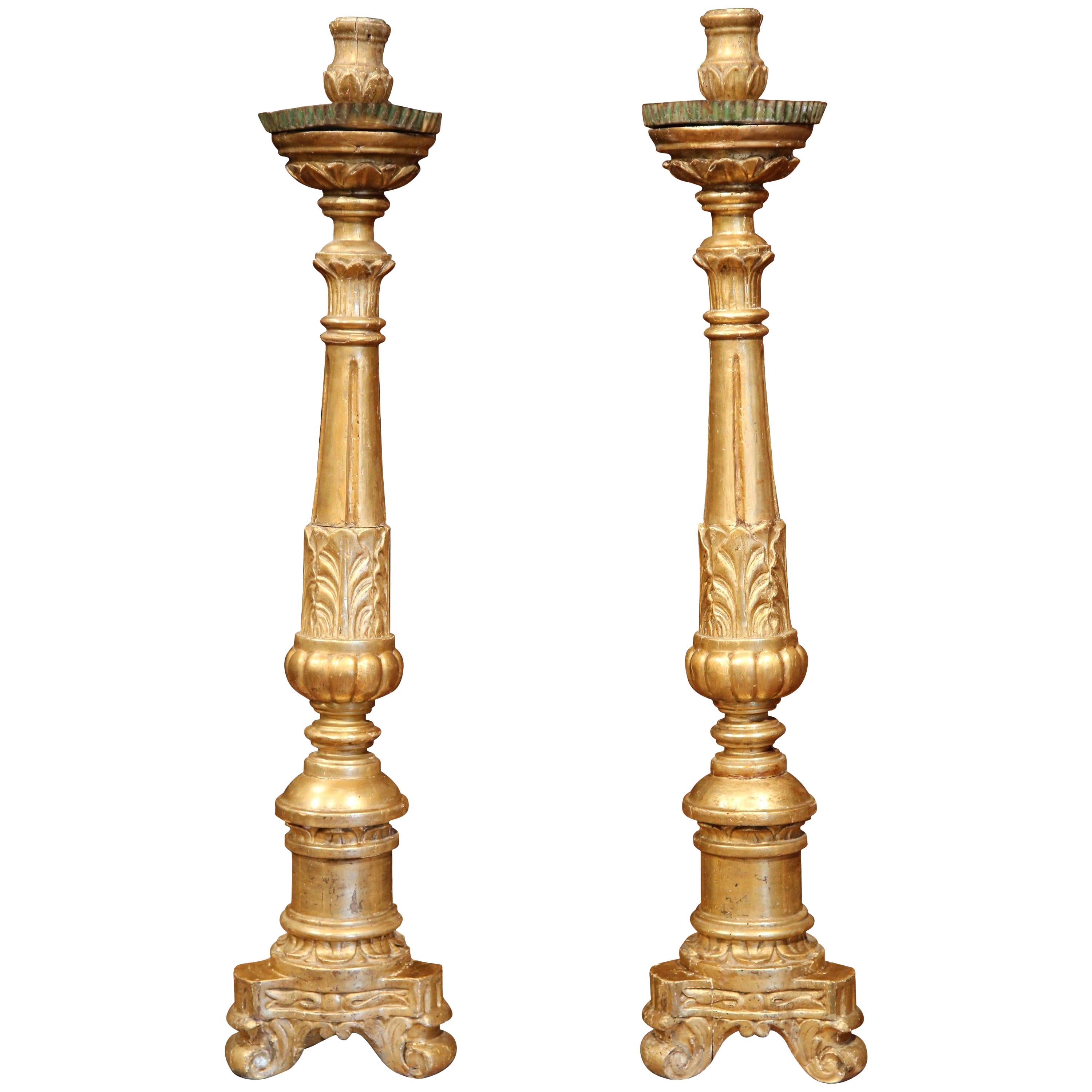 Pair of 18th Century French Louis XV Carved Giltwood Altar Candlesticks