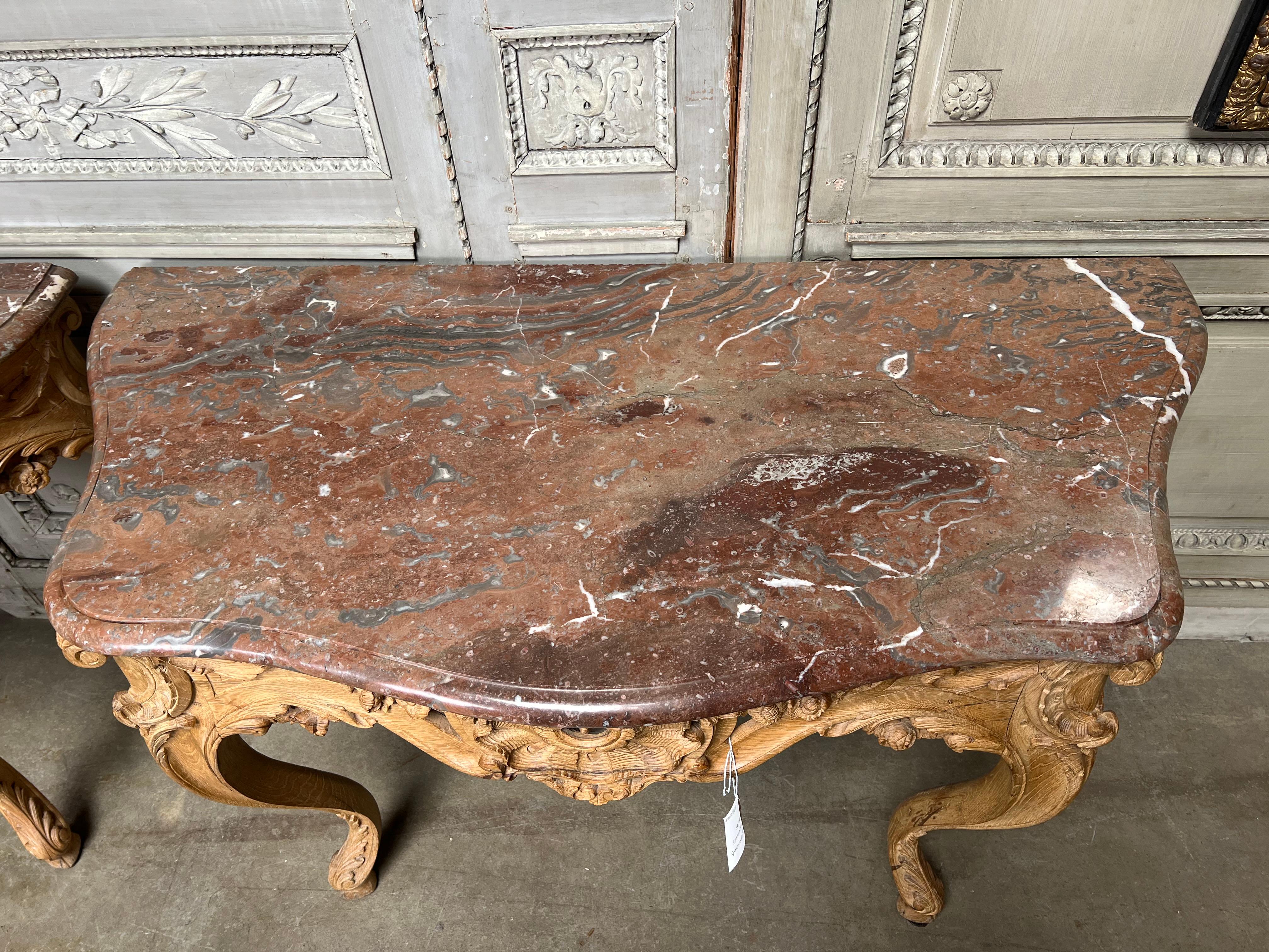 Pair of 18th Century French Louis XV Consoles with Marble Tops For Sale 8