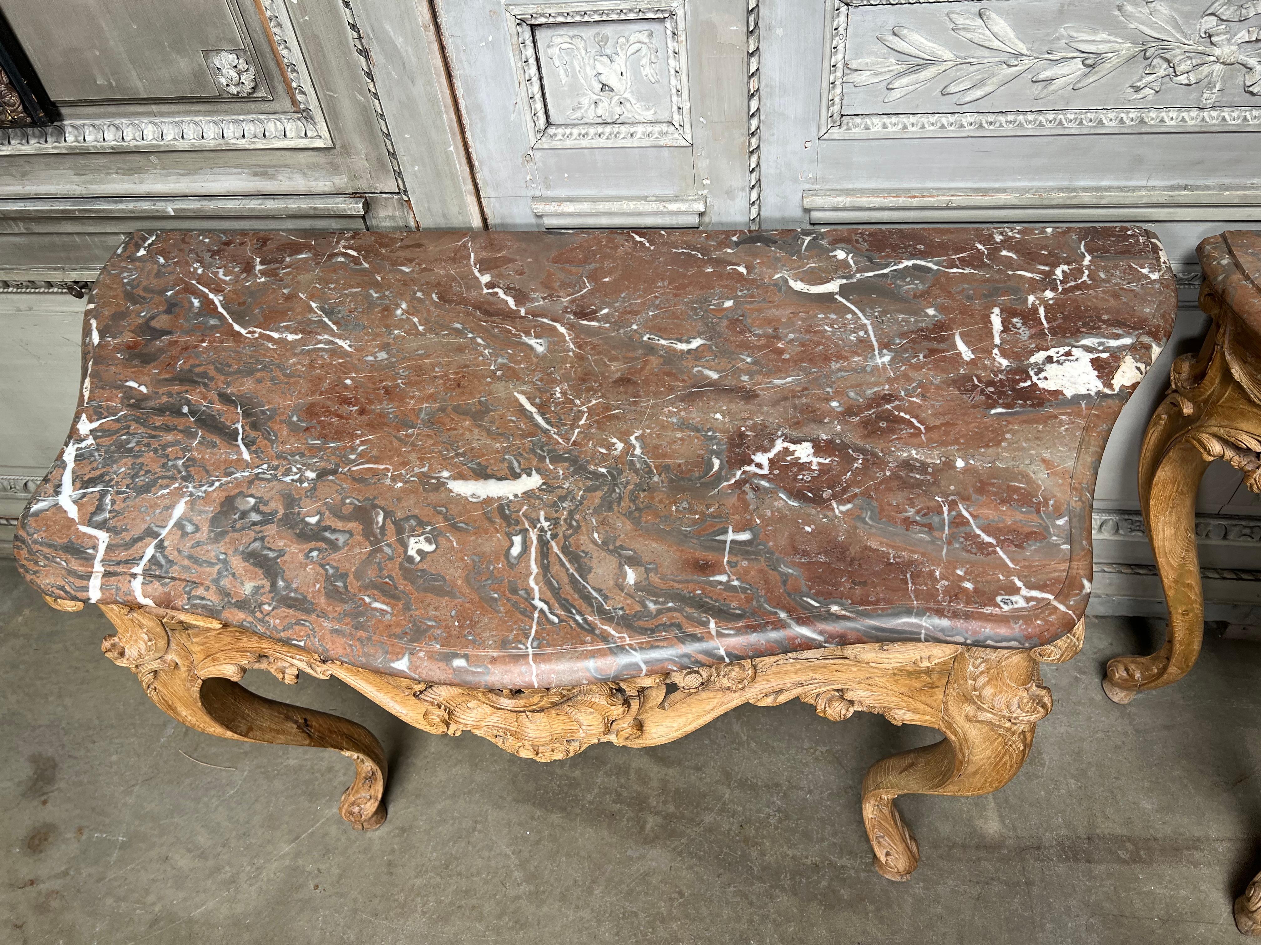 Pair of 18th Century French Louis XV Consoles with Marble Tops For Sale 9