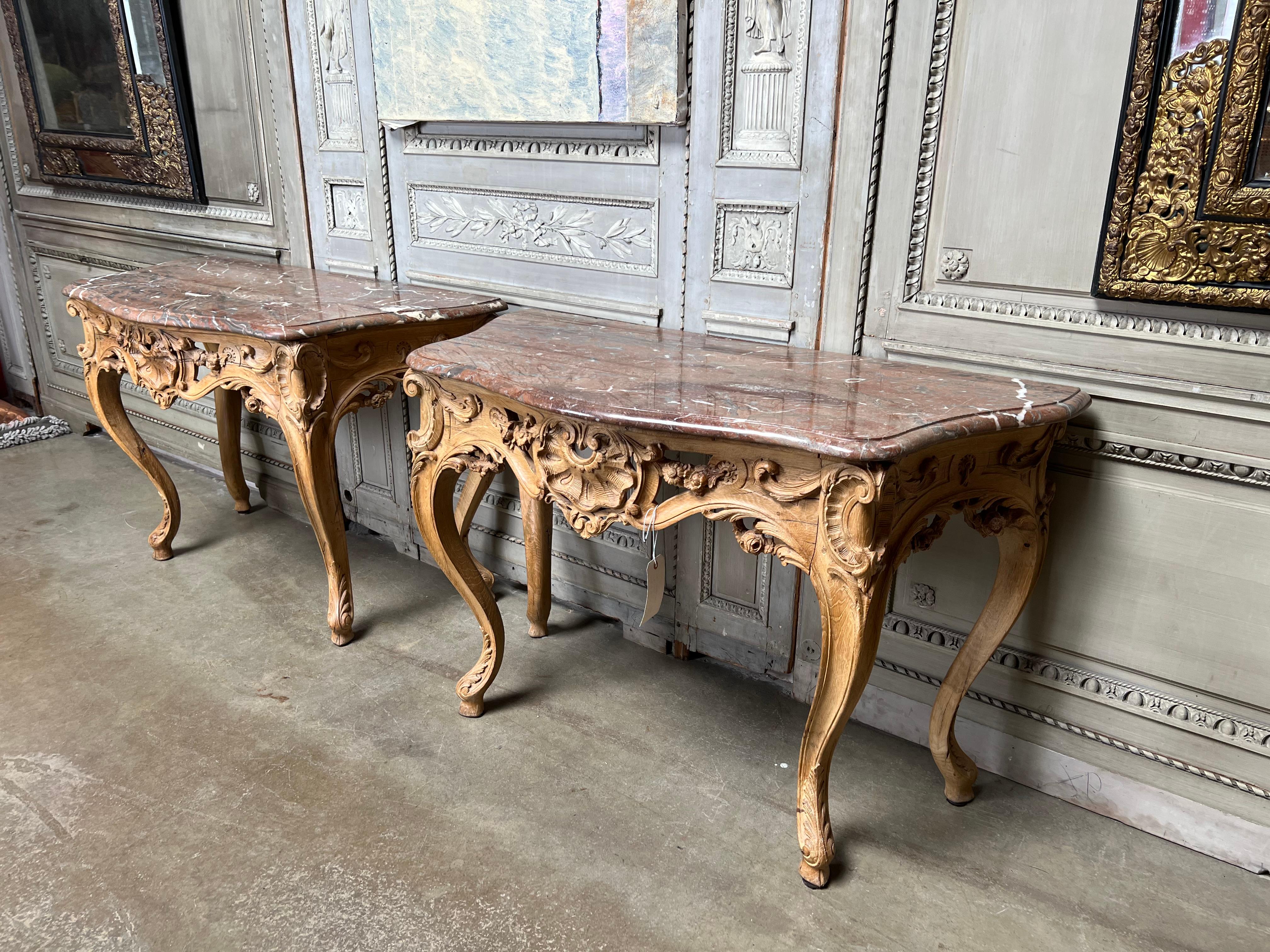 Pair of 18th Century French Louis XV Consoles with Marble Tops For Sale 3