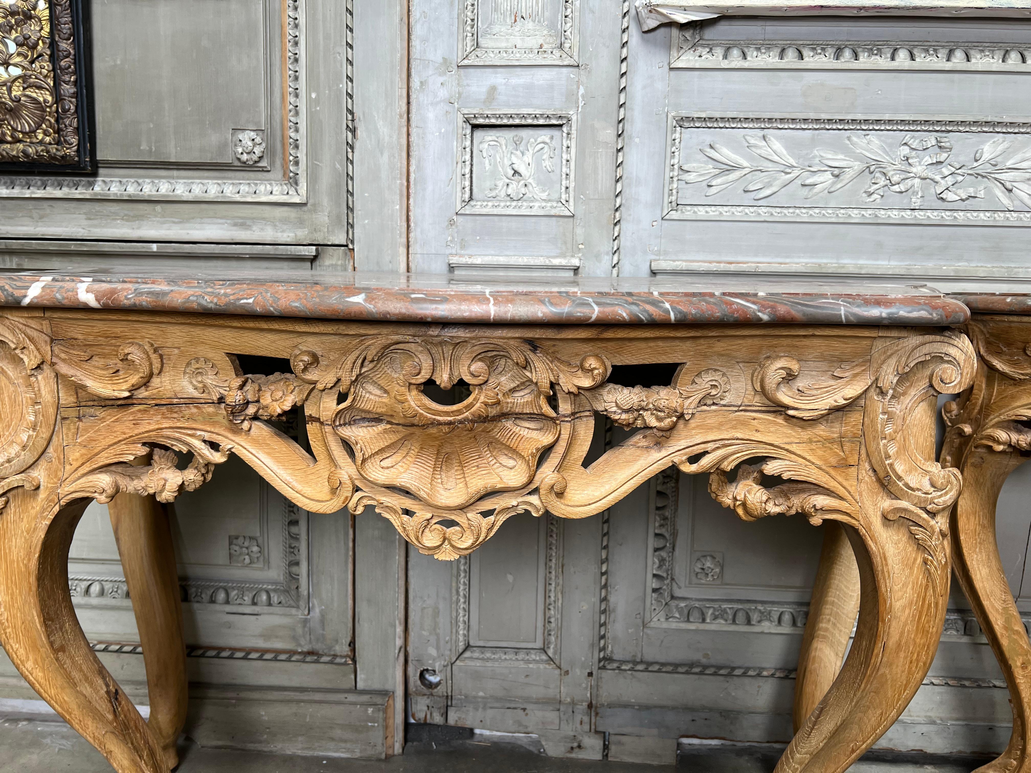 Pair of 18th Century French Louis XV Consoles with Marble Tops For Sale 5