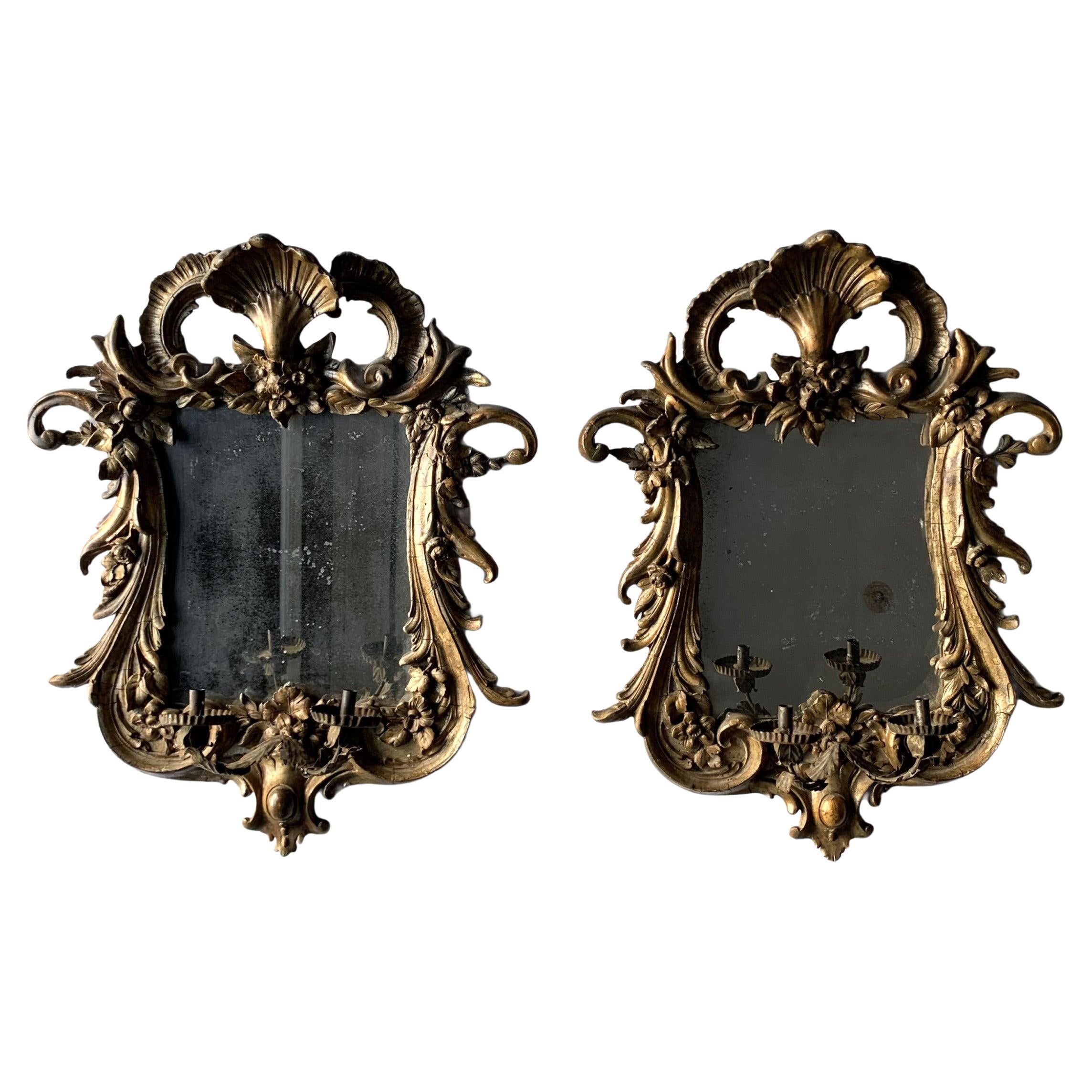 Pair of 18th Century French Louis XV Giltwood Mirrored Wall Sconces