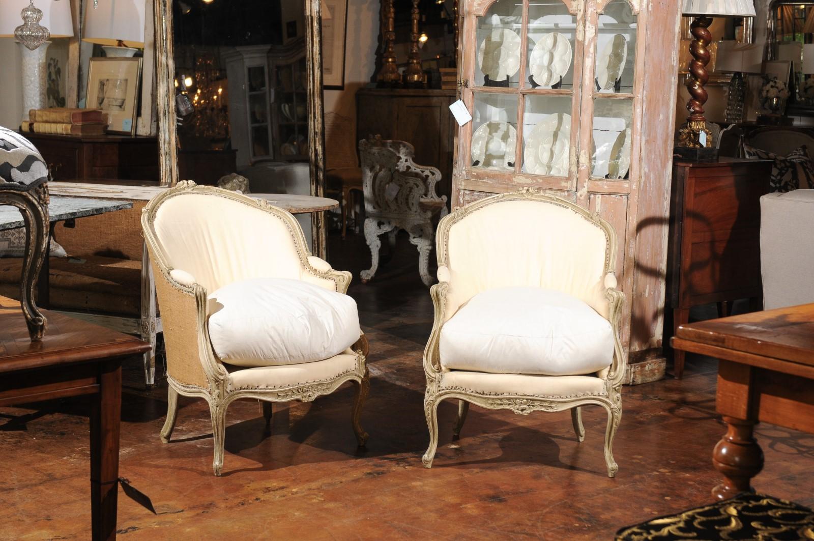 Louis XVI Pair of 18th Century French Louis XV Painted Bergère Chairs with Wraparound Back