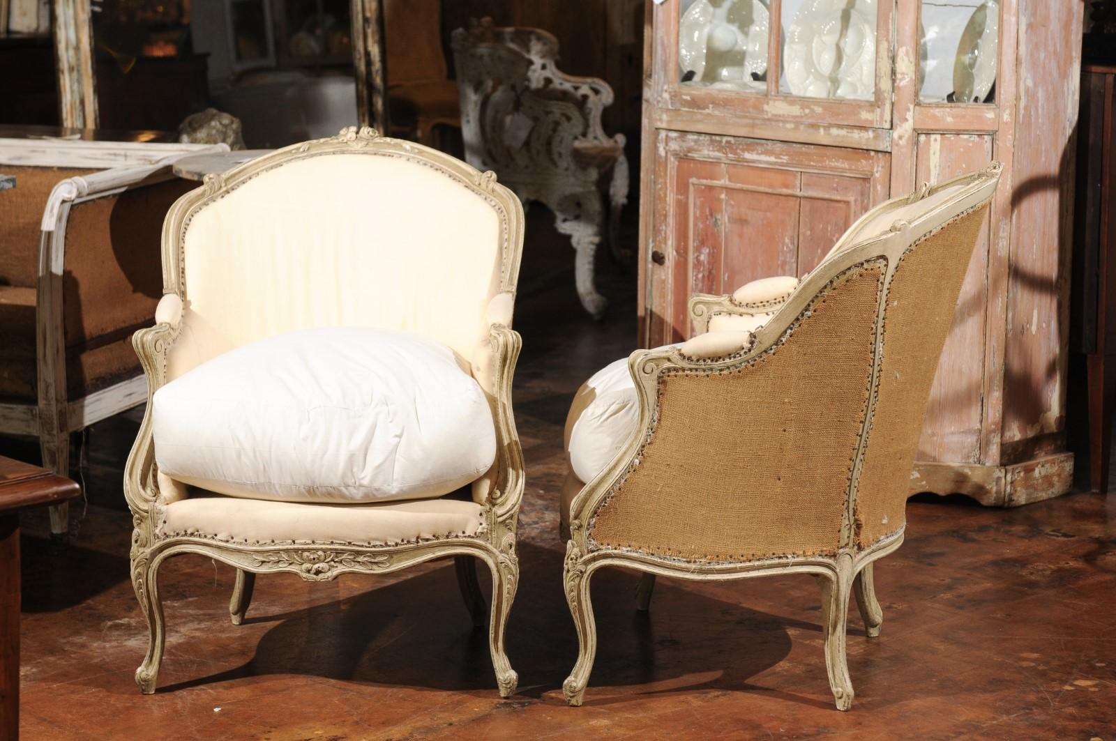 Pair of 18th Century French Louis XV Painted Bergère Chairs with Wraparound Back 1