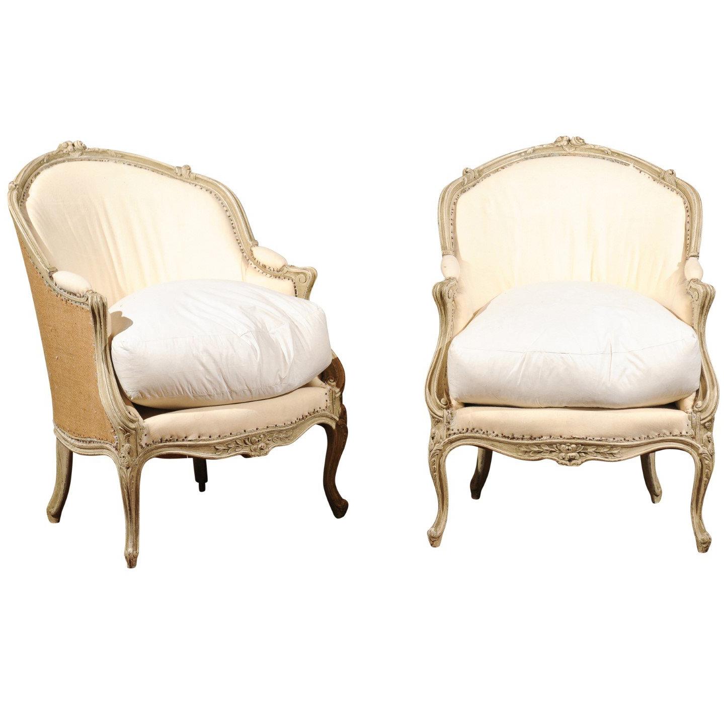 Pair of 18th Century French Louis XV Painted Bergère Chairs with Wraparound Back