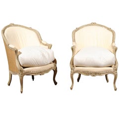 Pair of 18th Century French Louis XV Painted Bergère Chairs with Wraparound Back