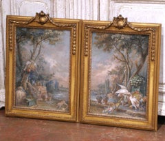 Pair of 18th Century French Louis XVI Framed Watercolors with Protective Glass