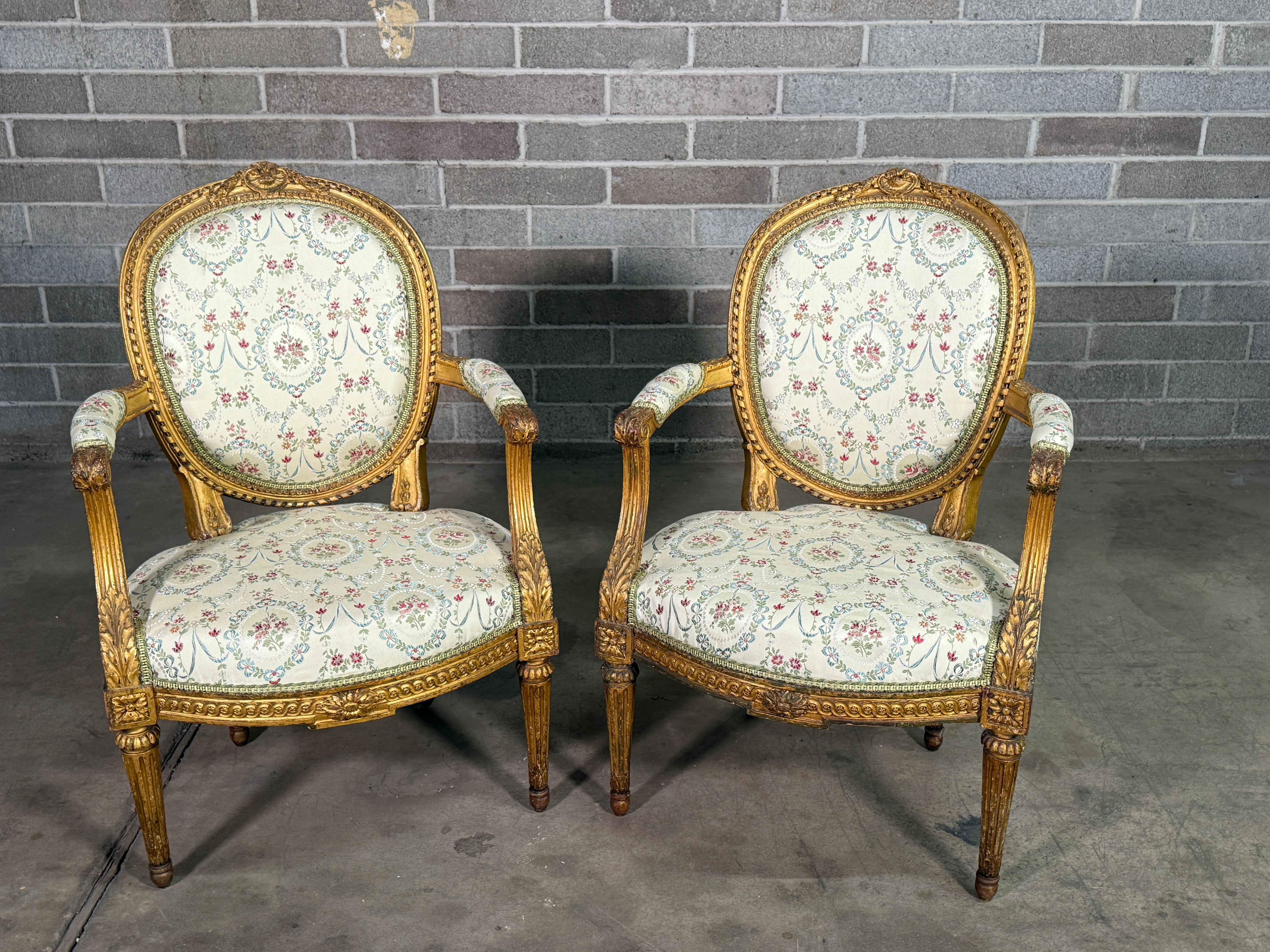 Pair of 18th Century French Louis XVI Giltwood Chairs 
Excellent condition & Purchased in France. 
Age appropriate wear, see detailed photos. 
Message us with any questions. 