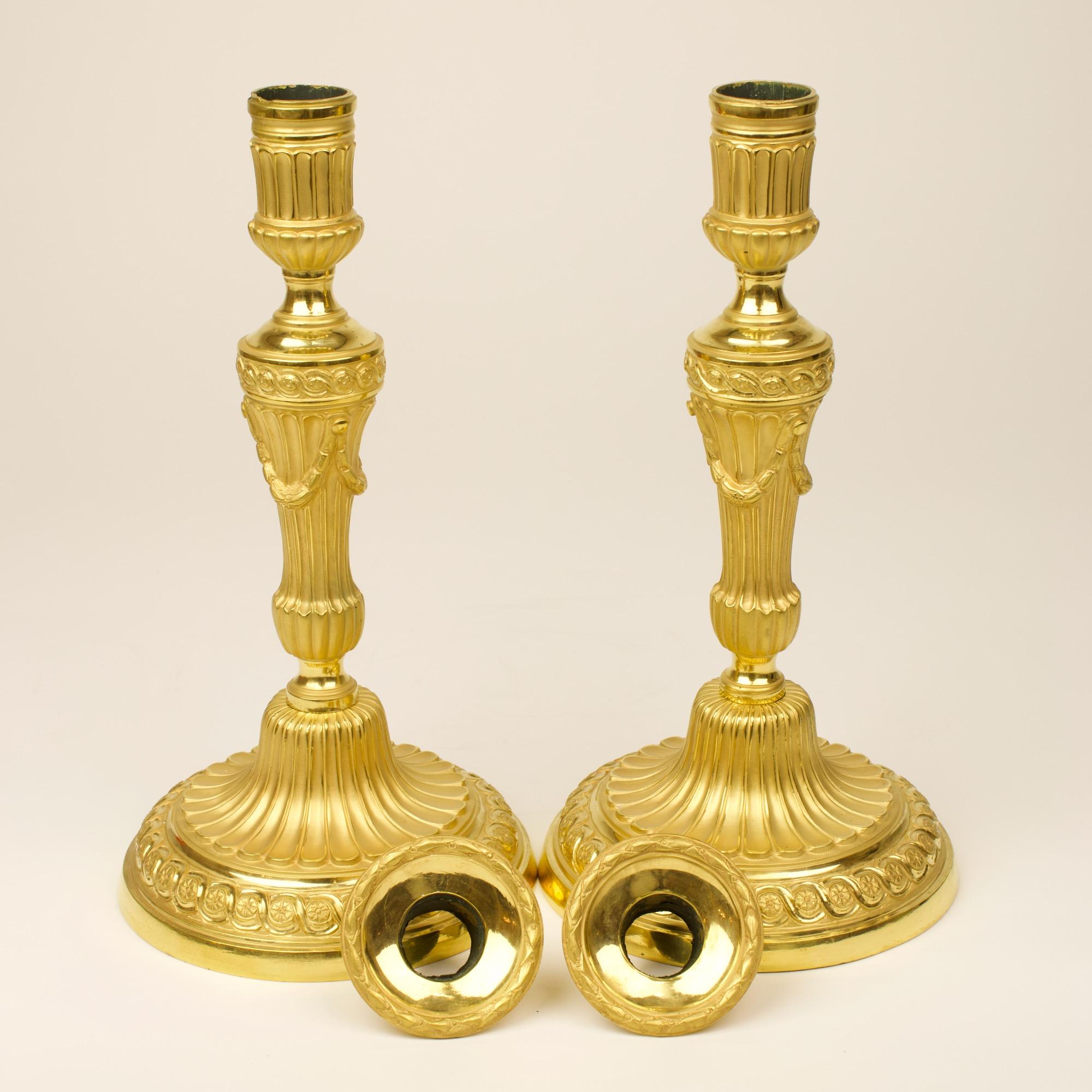 Pair of 18th Century French Louis XVI Neoclassical Gilt Bronze Candlesticks 5